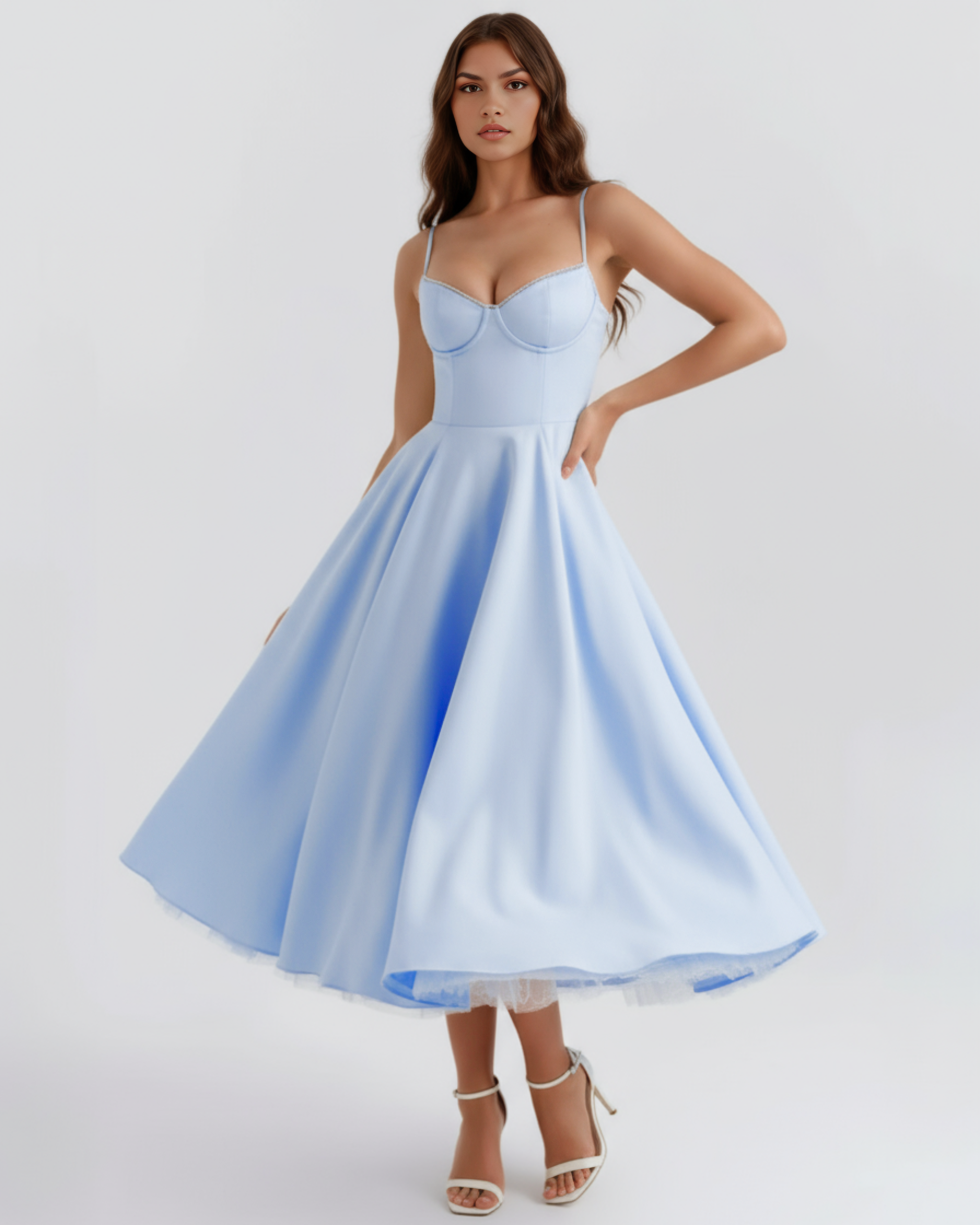 Abito Midi Selene Azzurro Baby Satin Bella di Roma – modella