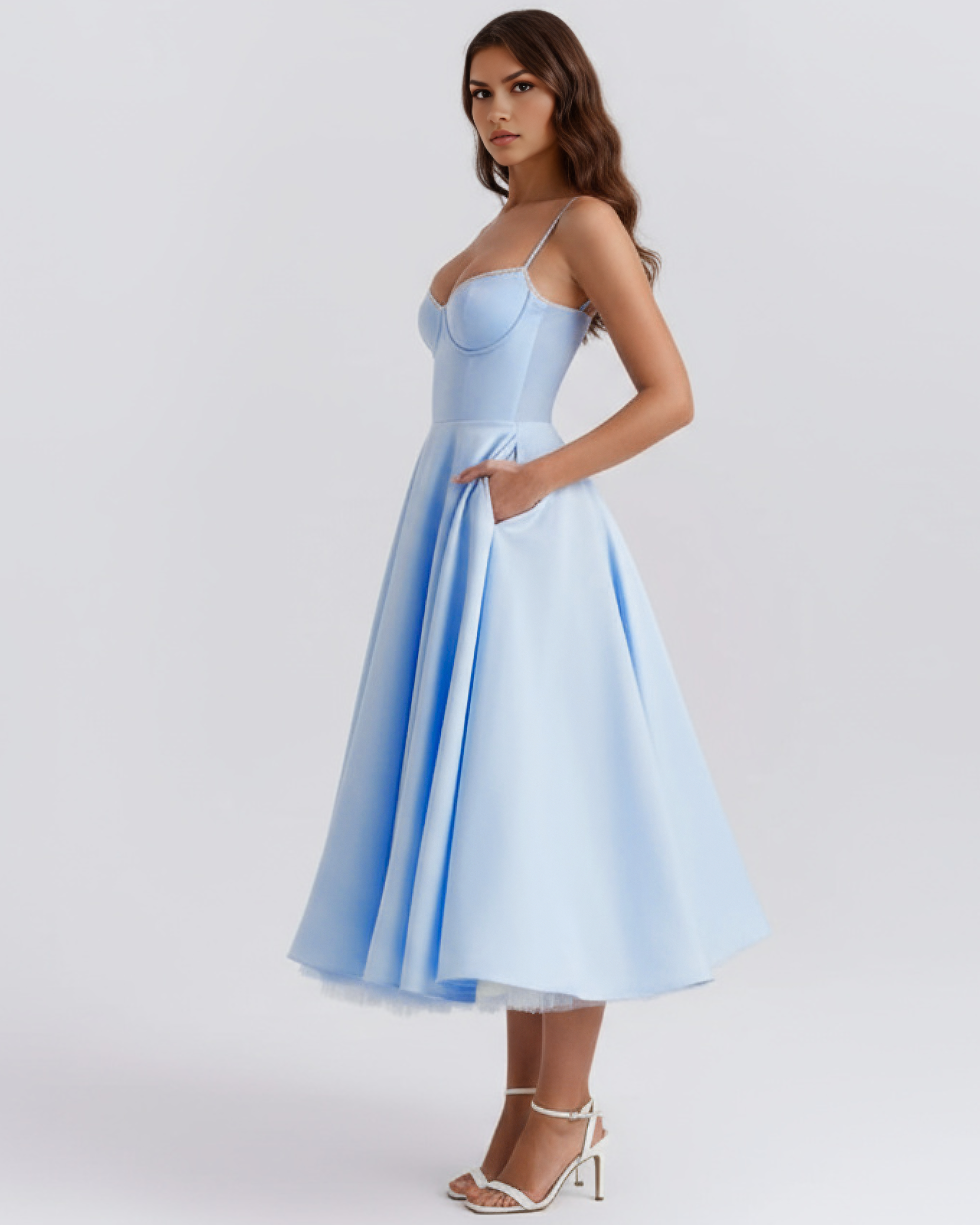 Abito Midi Selene Azzurro Baby Satin Bella di Roma – laterale