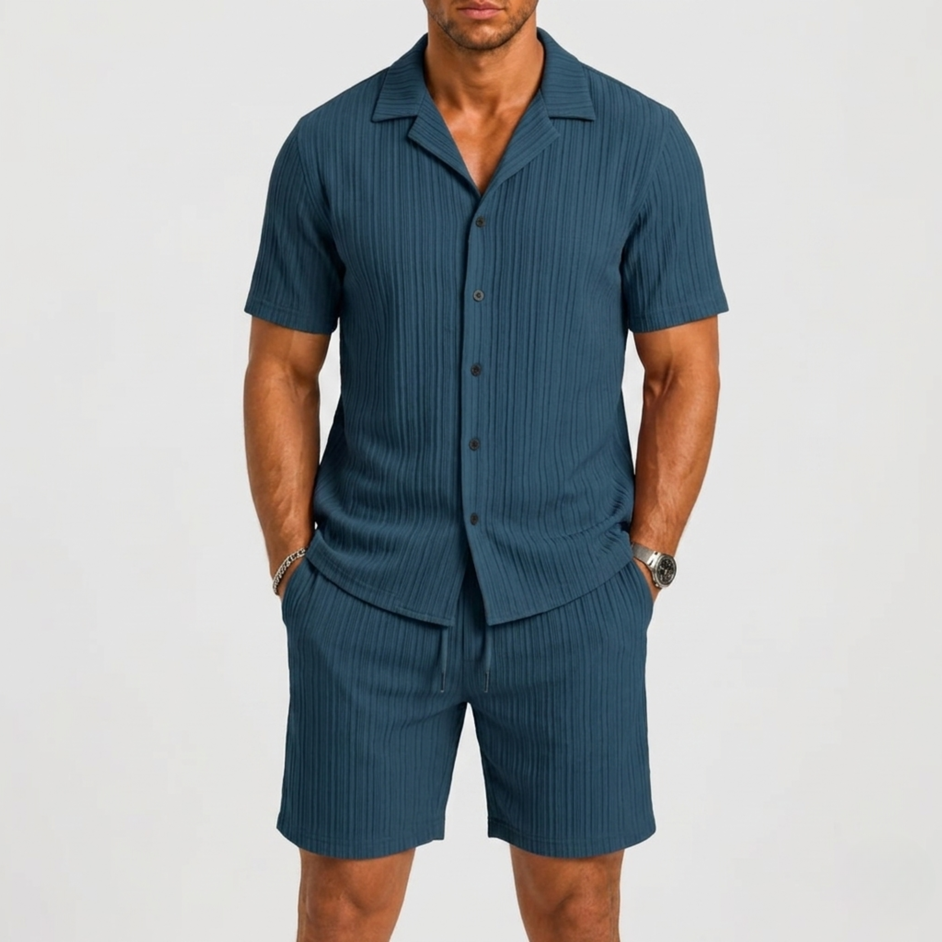 Completo estivo uomo in lino con pantaloni corti – variante di colore | Bella di Roma