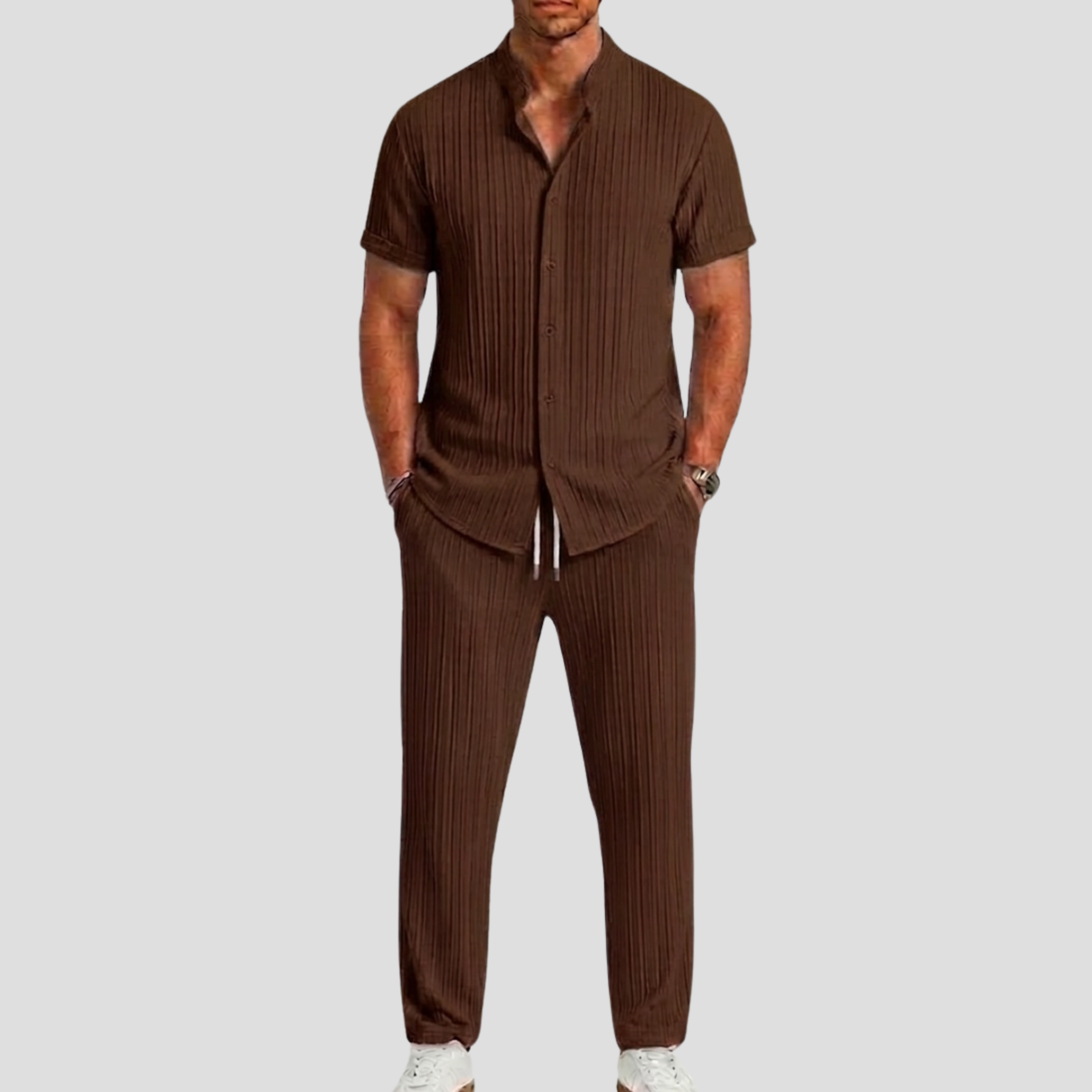 Set uomo con camicia a righe – dettaglio del tessuto | Bella di Roma