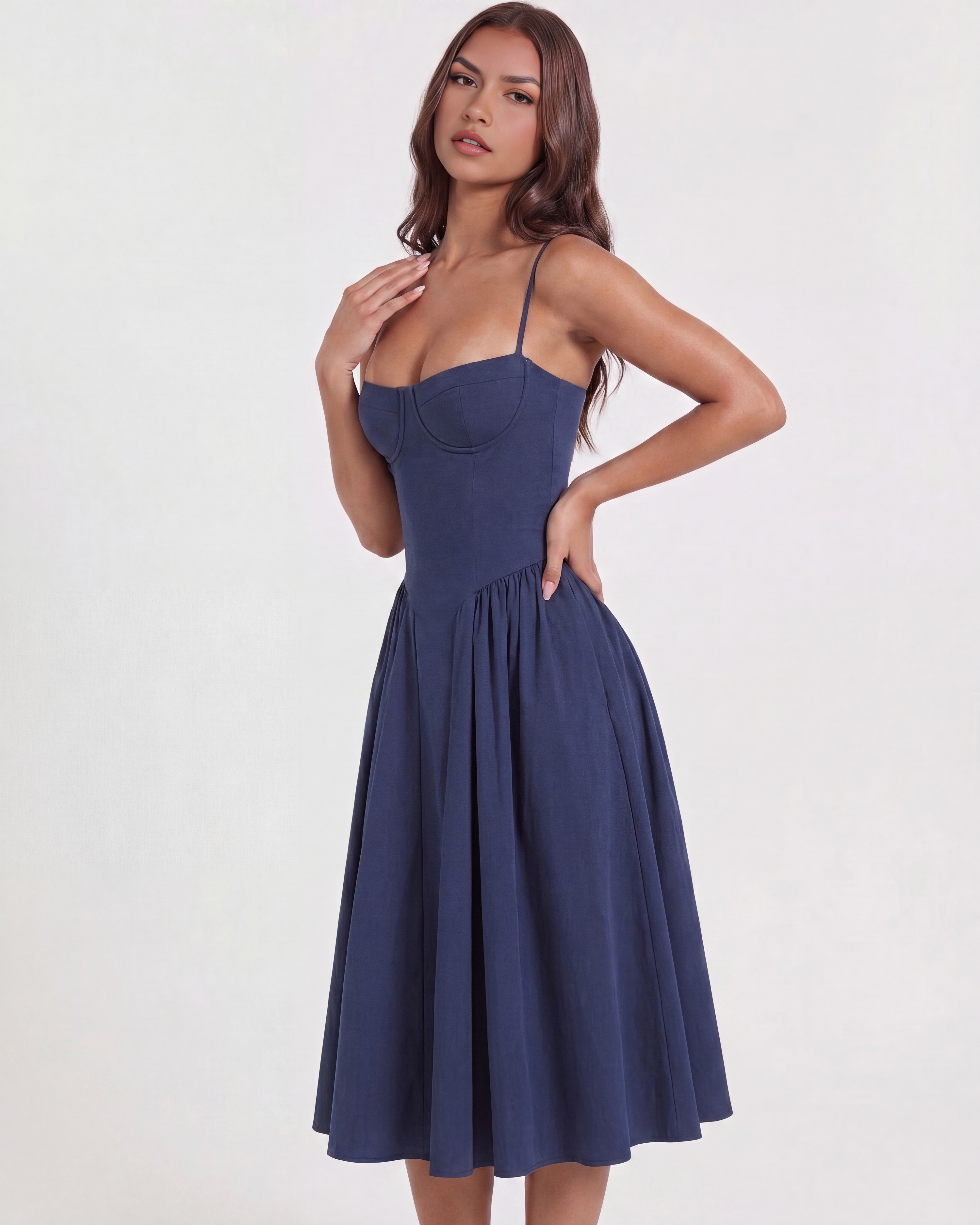 Abito midi Francesca twill blu navy Bella di Roma – corpetto strutturato