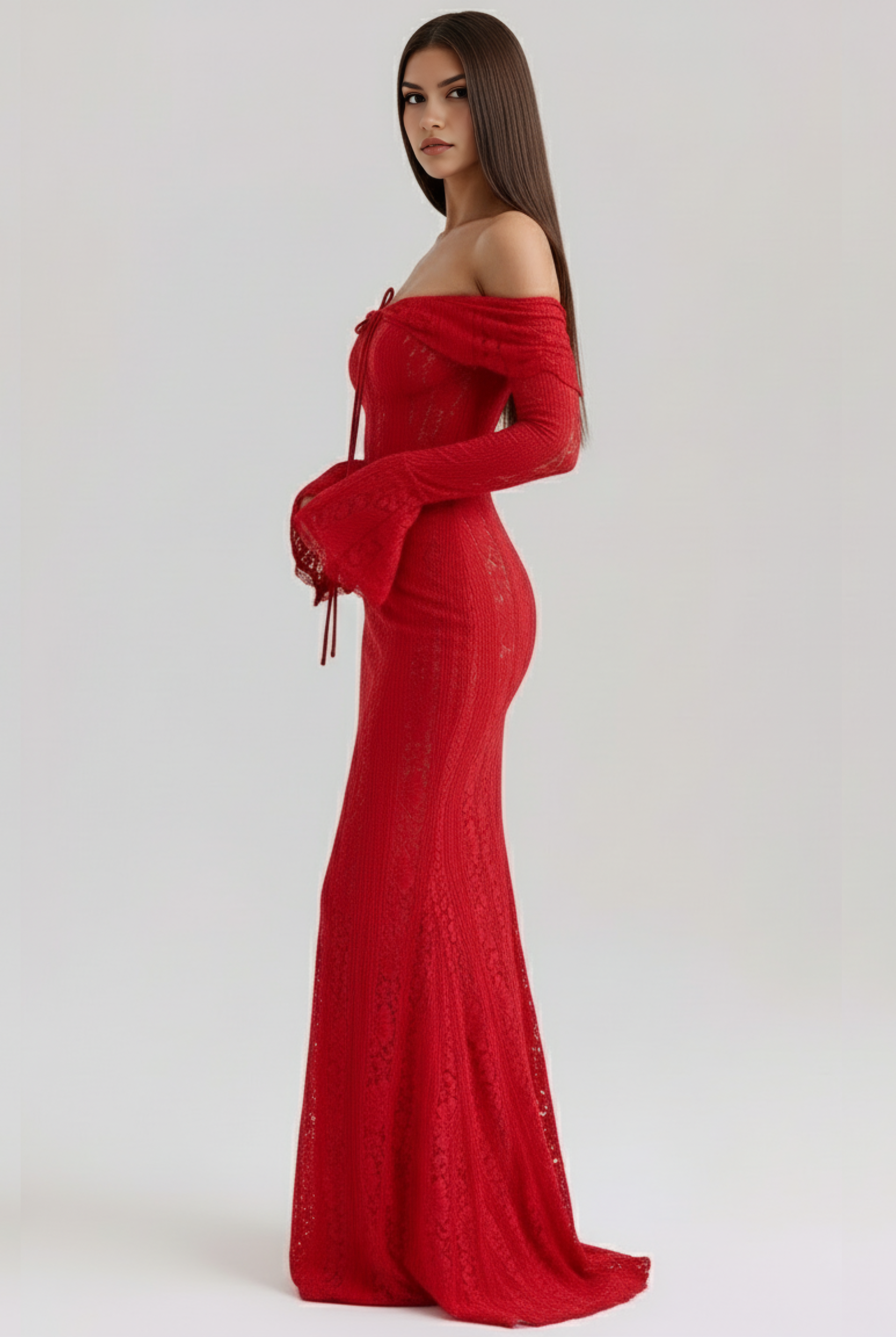 Abito maxi Alessandra pizzo floreale rosso Bella di Roma – silhouette femminile