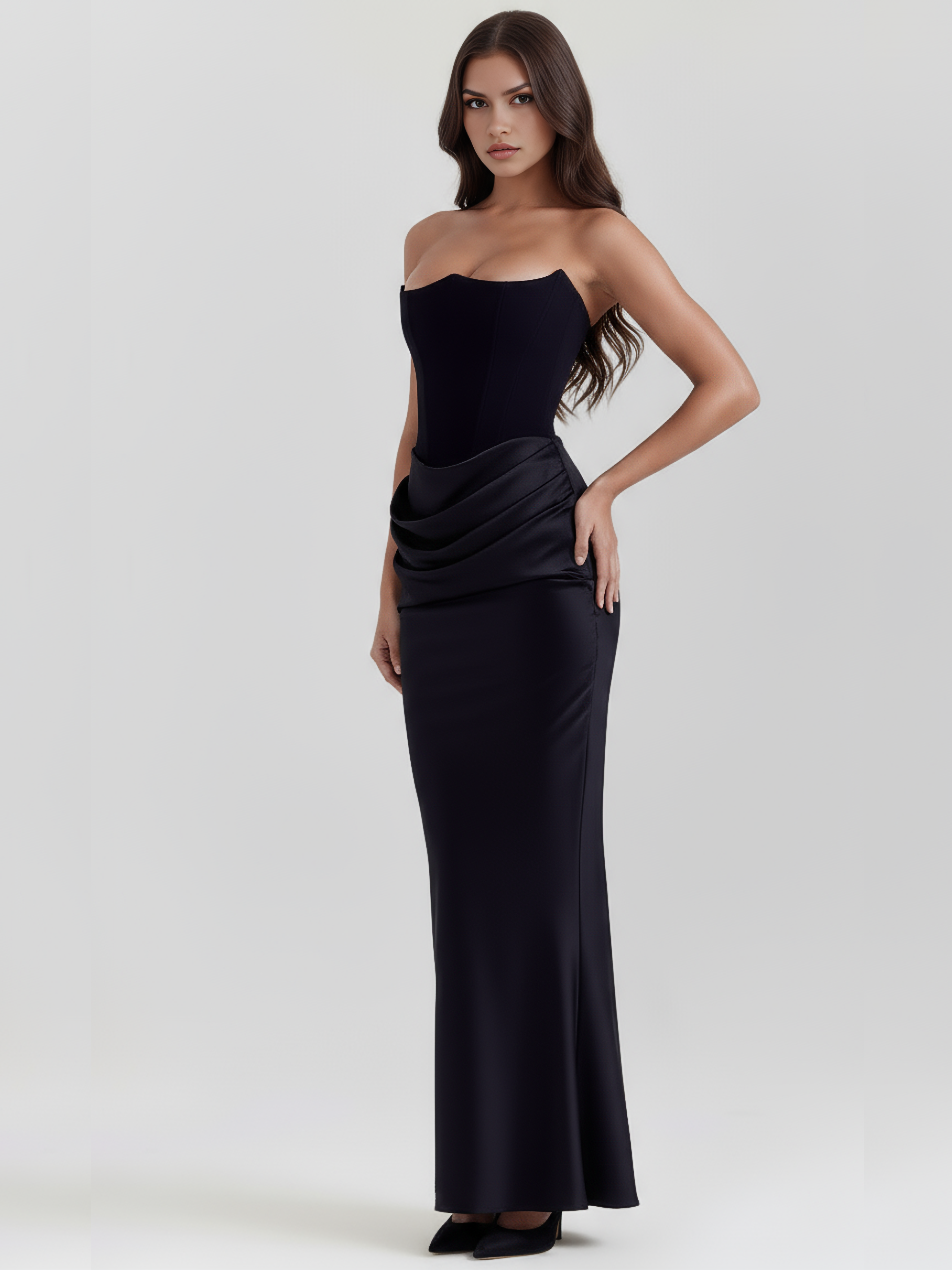 Abito midi Rosalind nero corsetto Bella di Roma – silhouette glamour