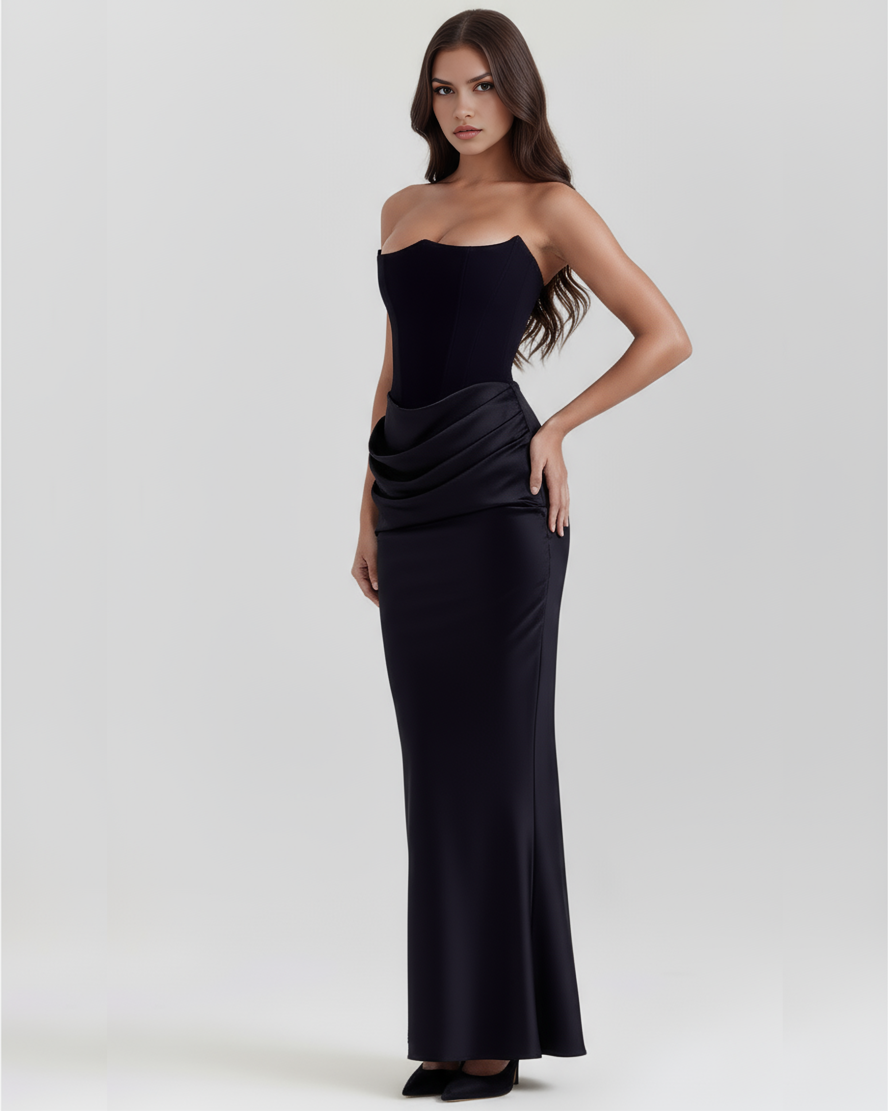 Abito midi Rosalind nero corsetto Bella di Roma – silhouette glamour