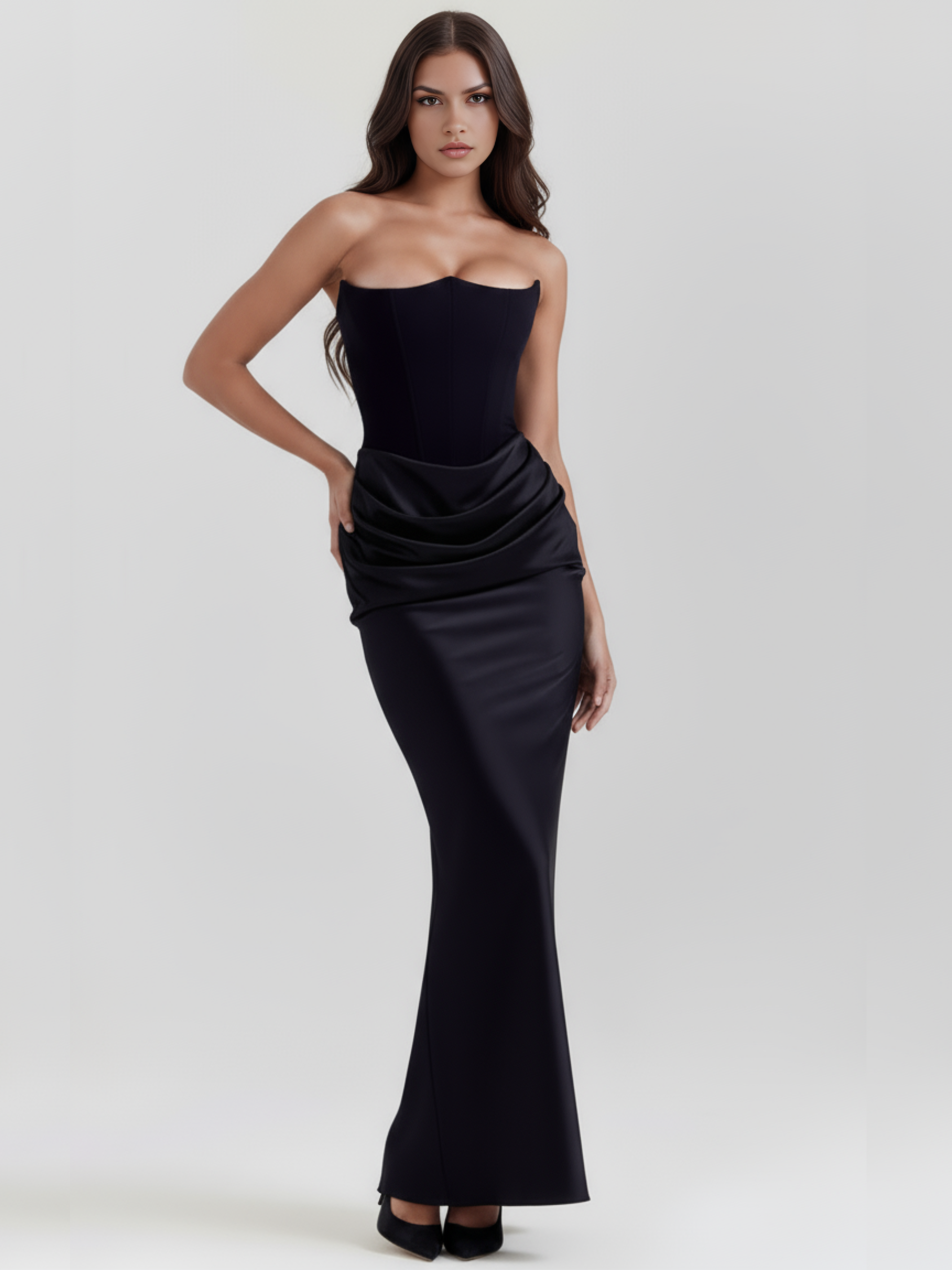 Abito midi Rosalind nero corsetto Bella di Roma – modellatura raffinata