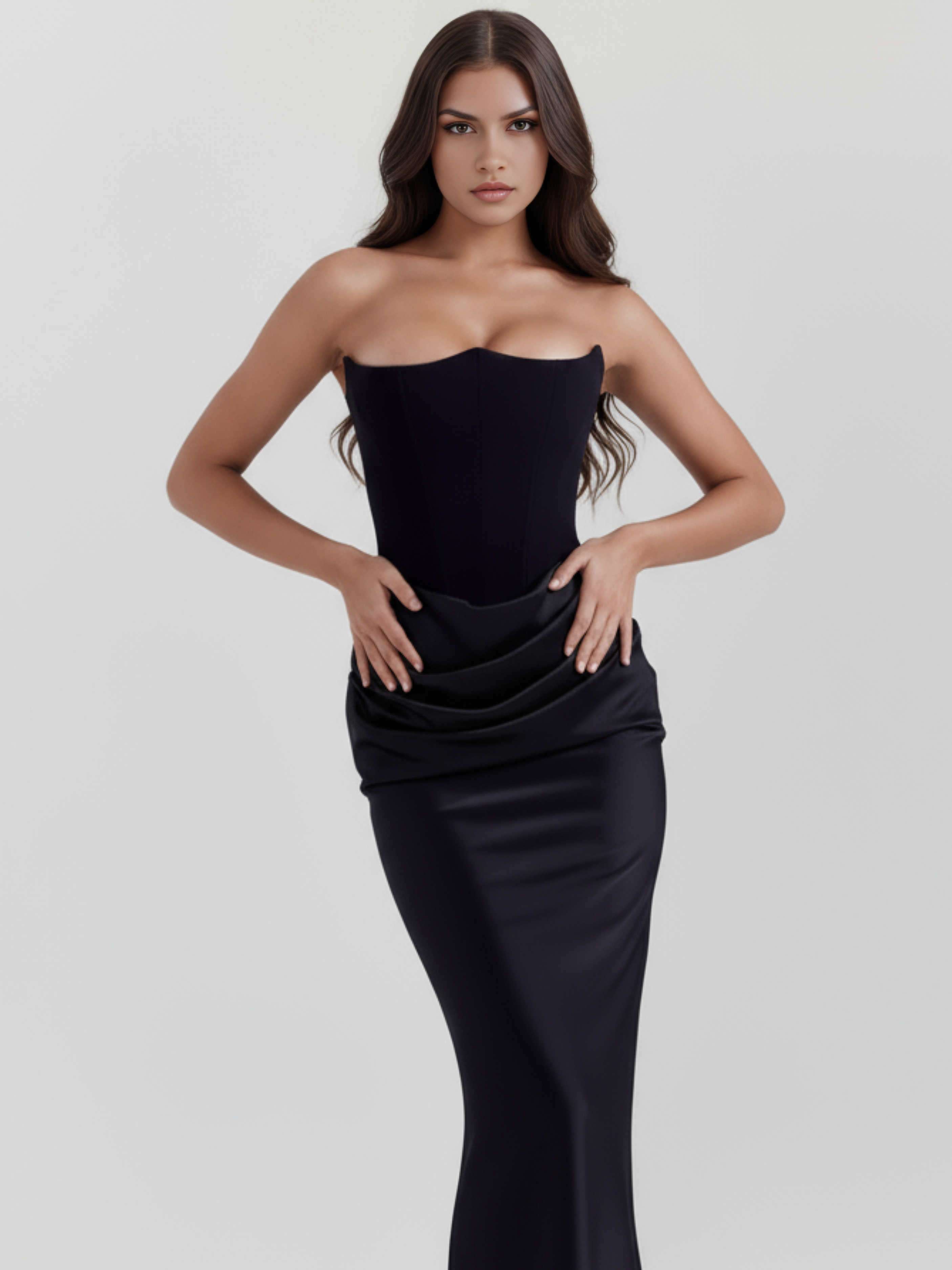 Abito midi Rosalind nero corsetto Bella di Roma – zip retro