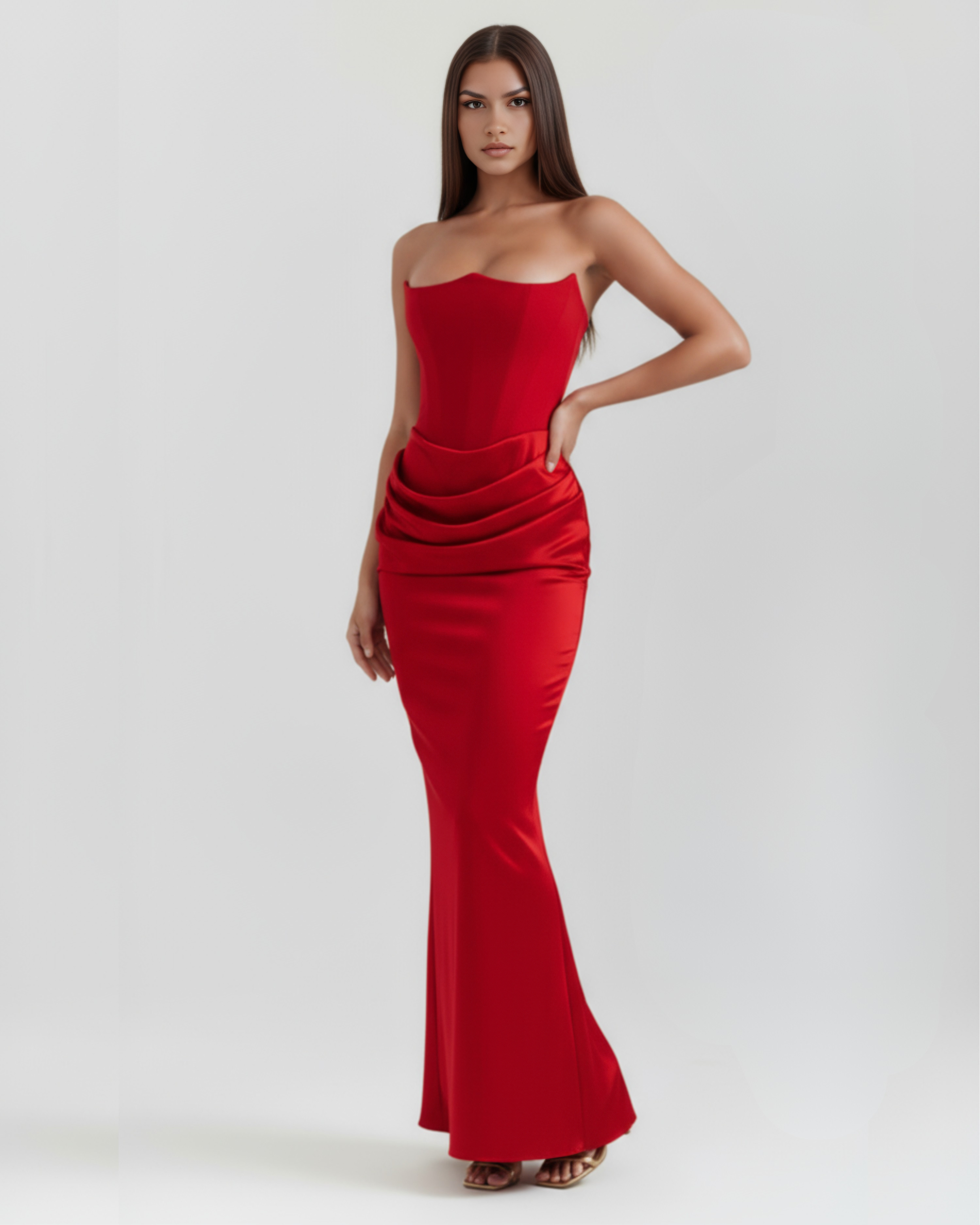 Abito midi Rosalind rosso corsetto Bella di Roma – taglie XS-2XL