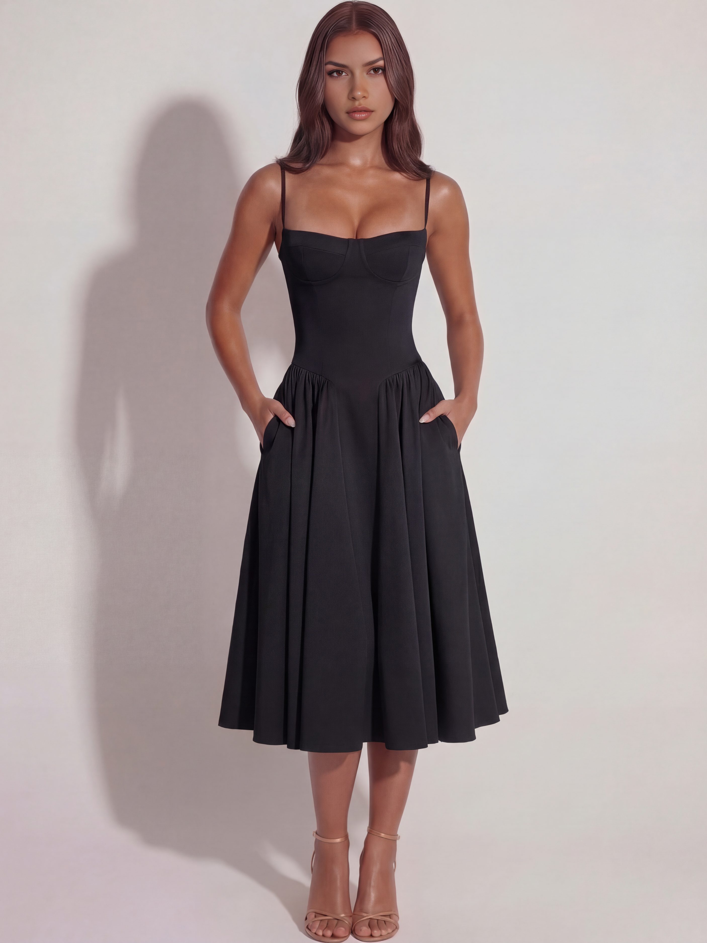 Abito midi Francesca twill nero sera Bella di Roma – tasche nascoste