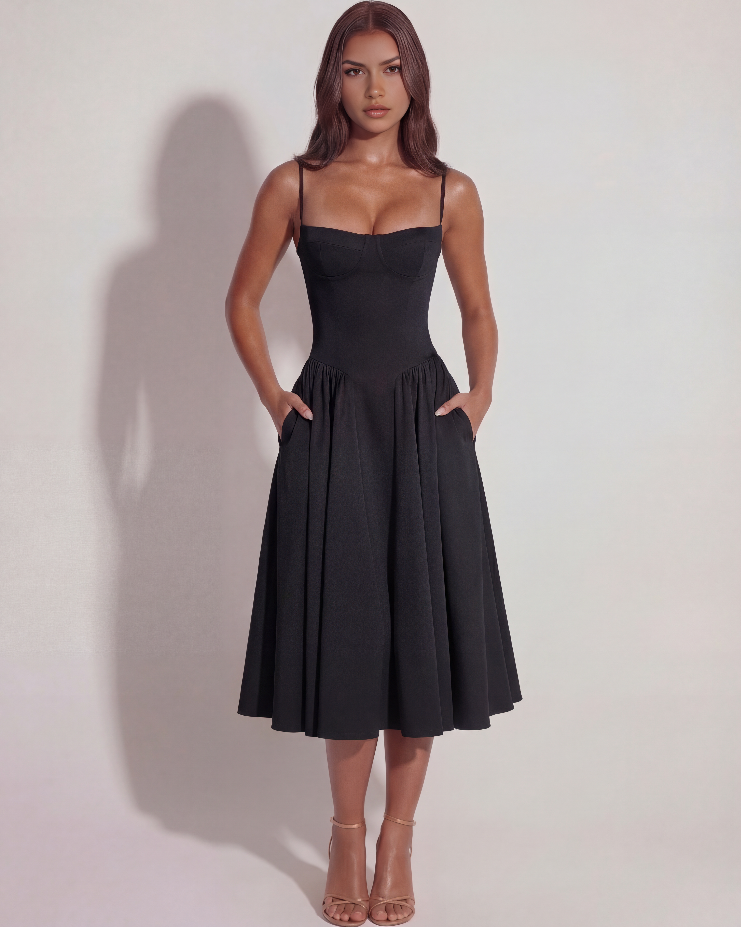 Abito midi Francesca twill nero Bella di Roma – tasche nascoste