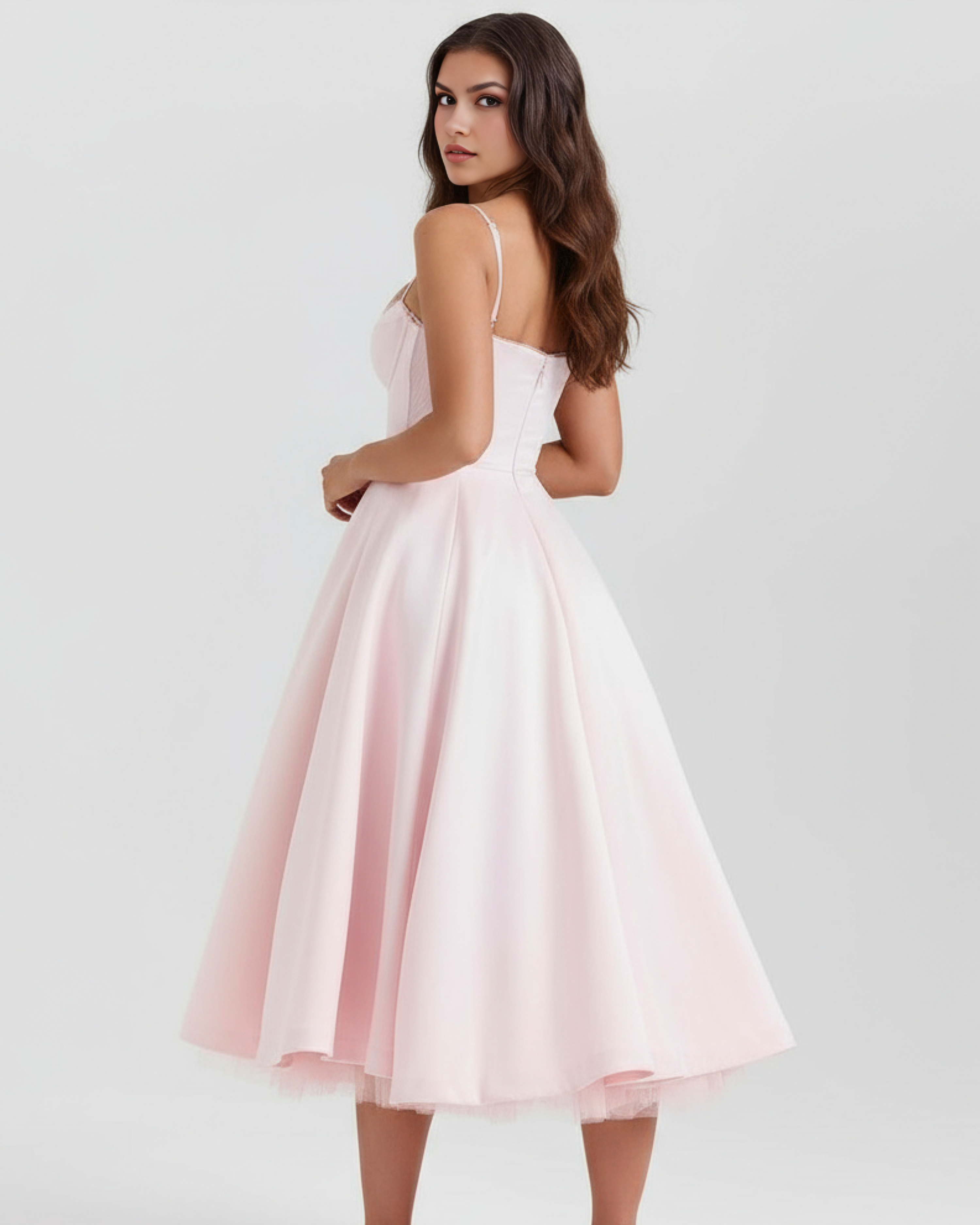 Abito Midi Selene Rosa Cipria Satin Bella di Roma – modella