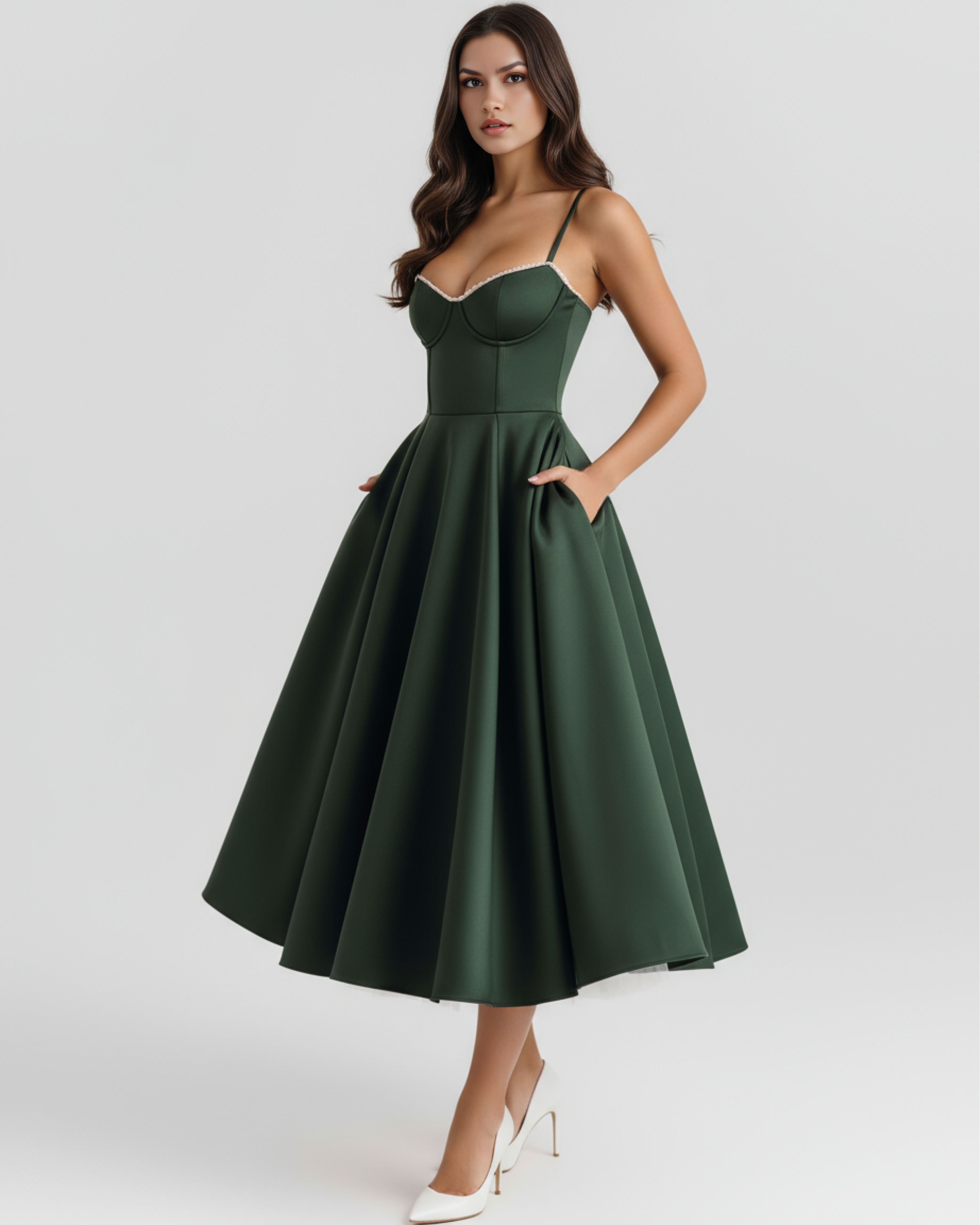 Abito Midi Selene Verde Foresta Satin Bella di Roma – vista frontale