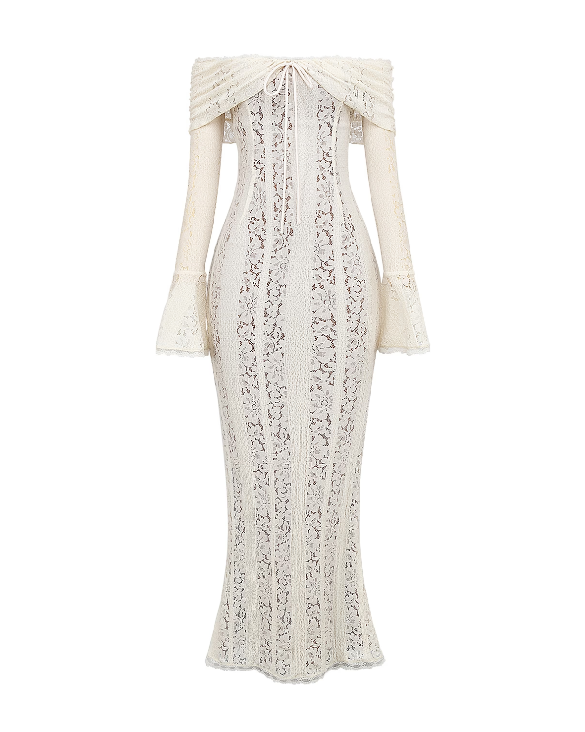 Abito maxi Alessandra bianco pizzo off-shoulder Bella di Roma – taglie XS-XL