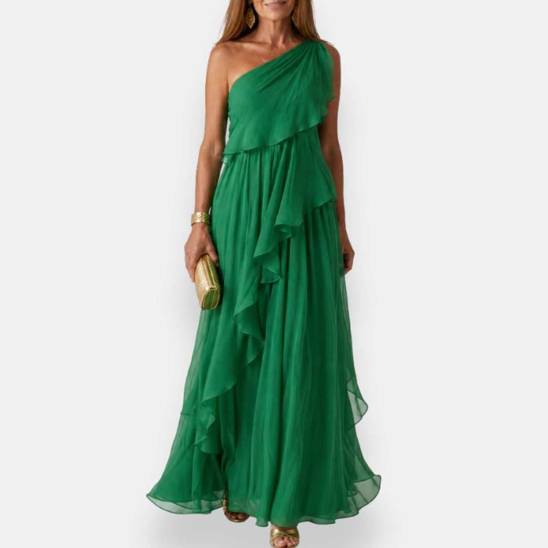 Dorvarine abito asimmetrico con volant – Verde