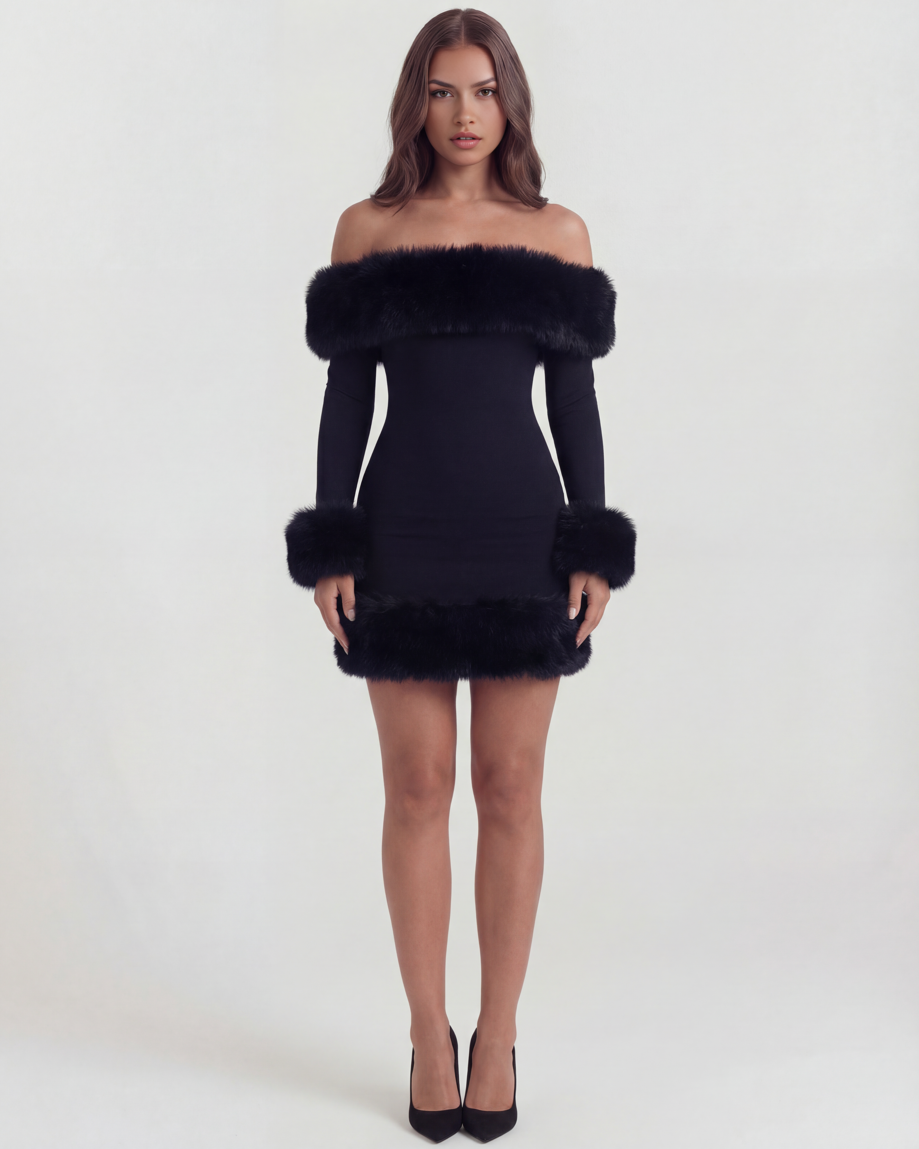 Abito Mini Bella Nero Pelliccia Bella di Roma – modella