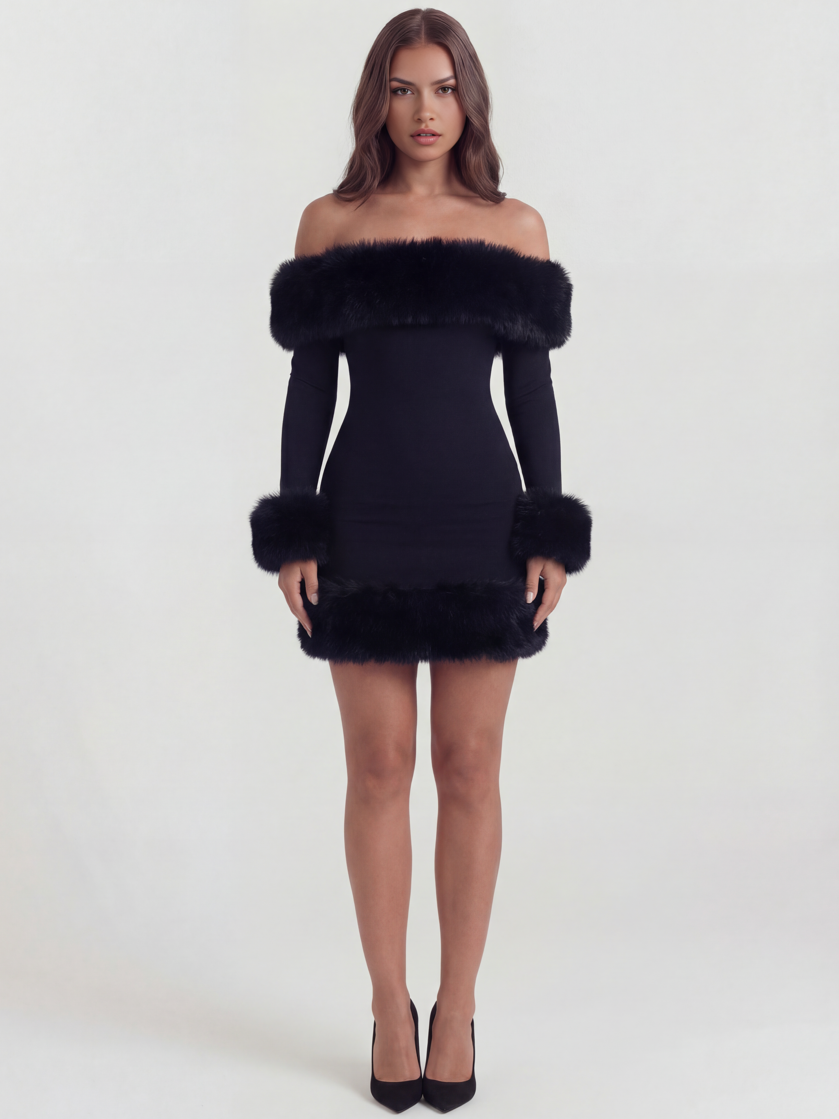 Abito mini Bella nero off-shoulder pelliccia Bella di Roma – tessuto elasticizzato
