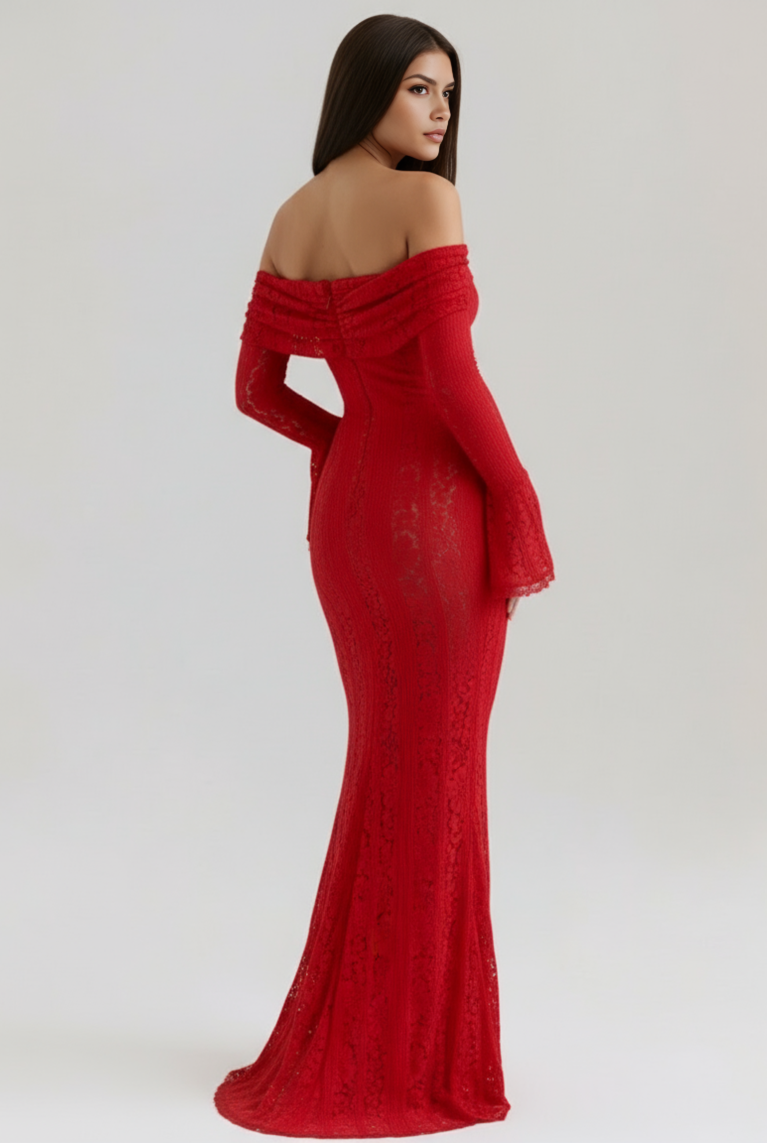 Abito maxi Alessandra pizzo floreale rosso Bella di Roma – polsini a campana