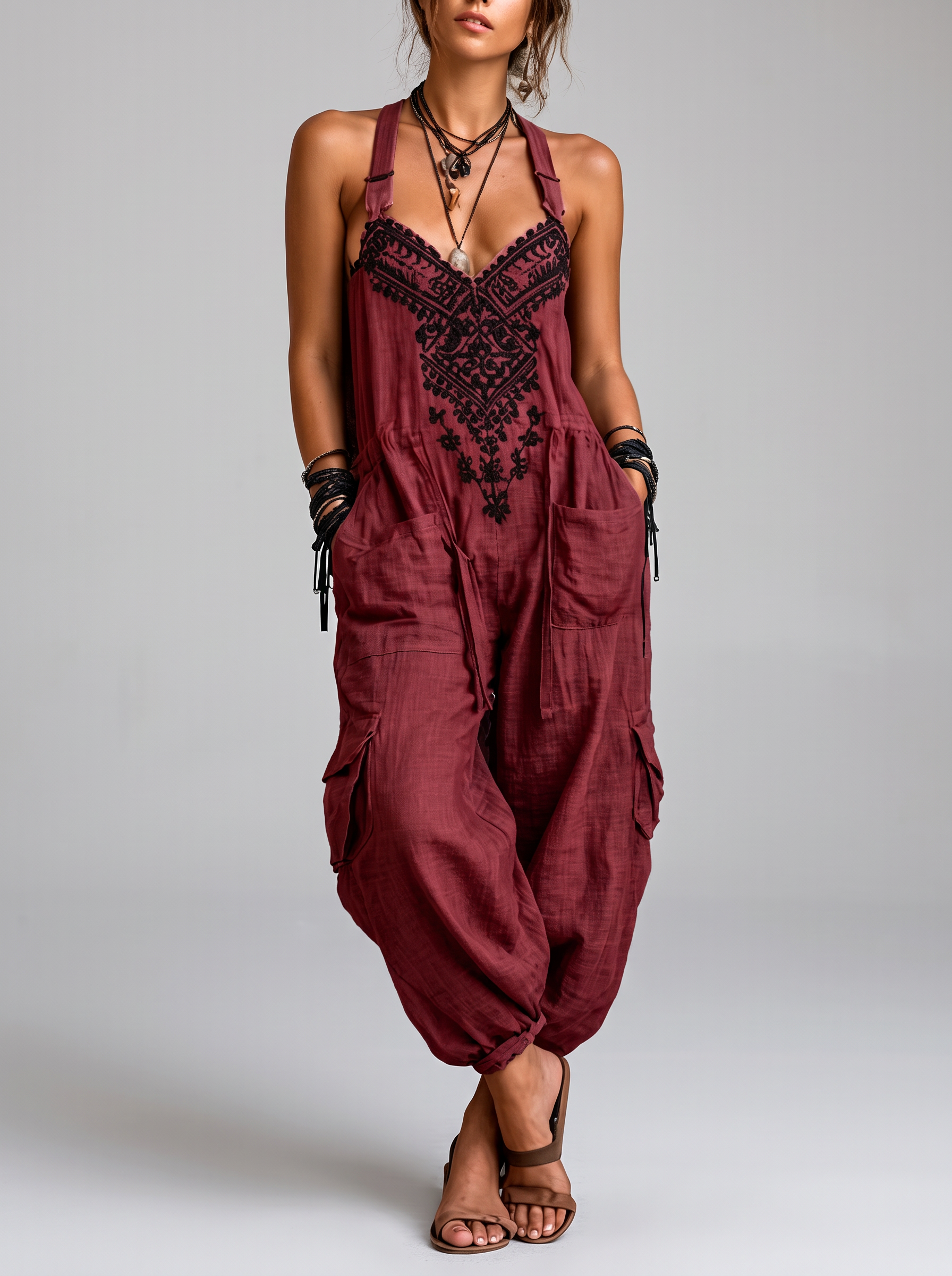 Salopette Boho Ricamata Bordeaux – vista frontale | Bella di Roma