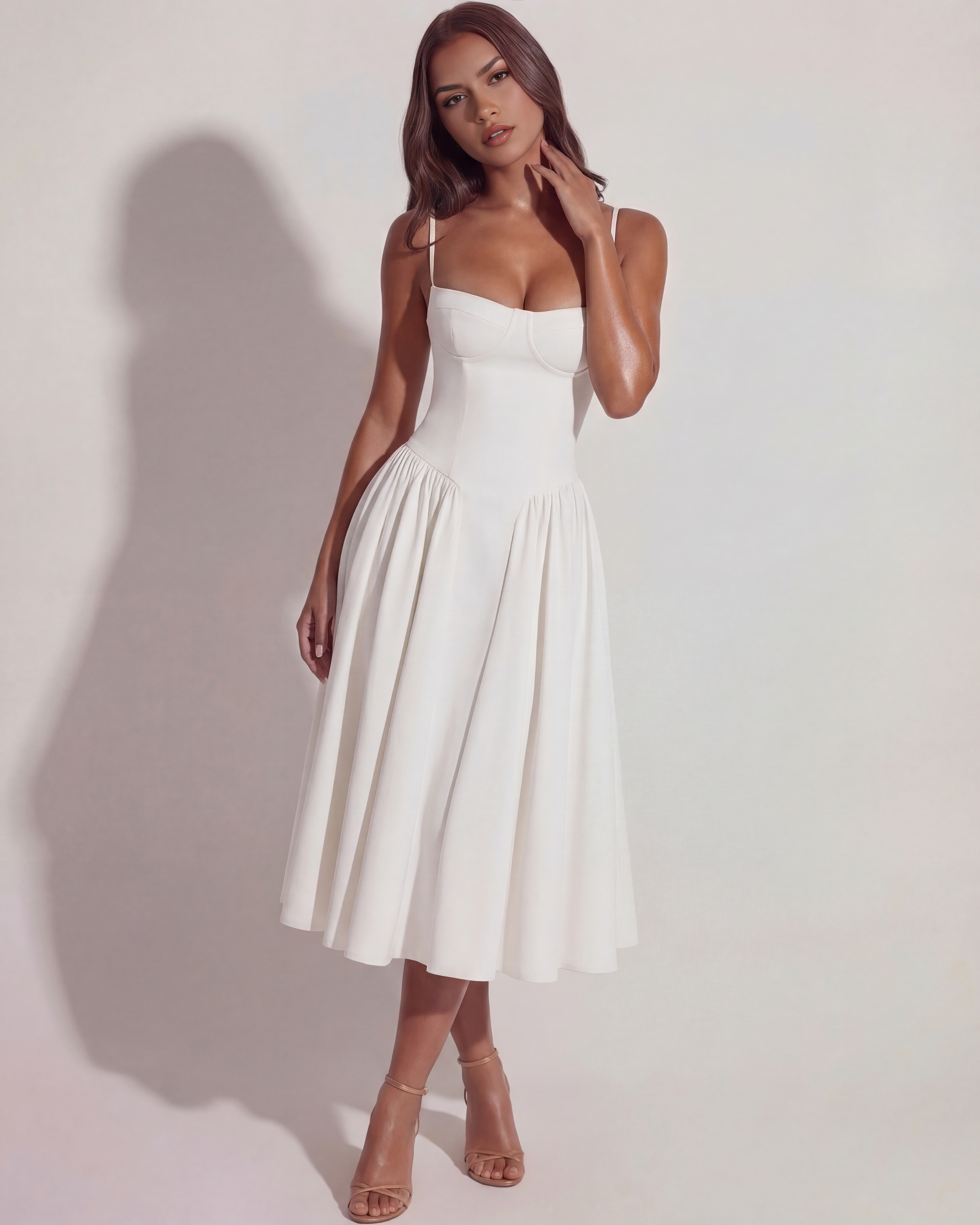 Abito midi Francesca twill bianco Bella di Roma – spalline regolabili
