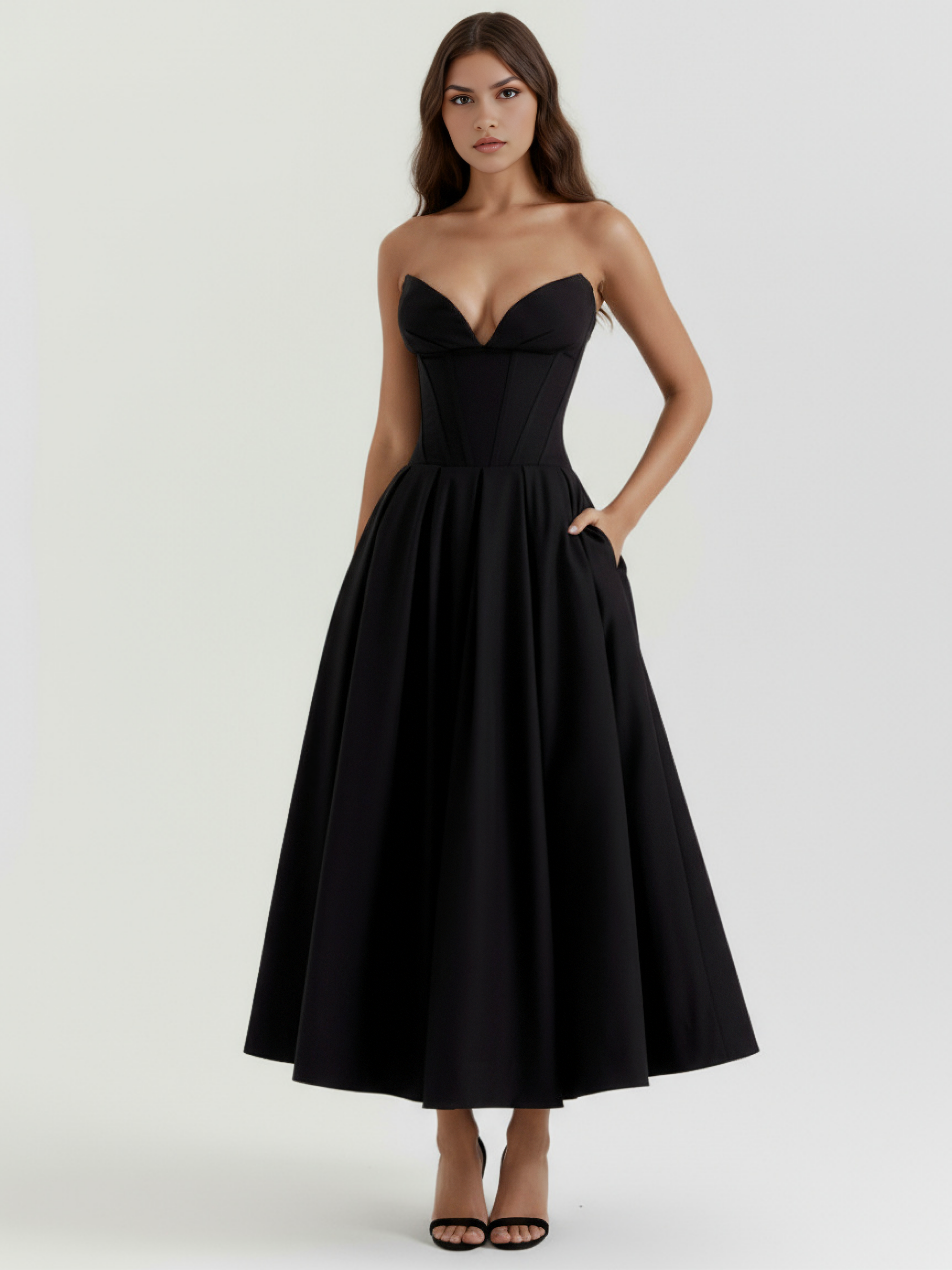 Abito midi Amalfi nero corsetto Bella di Roma – gonna ampia voluminosa