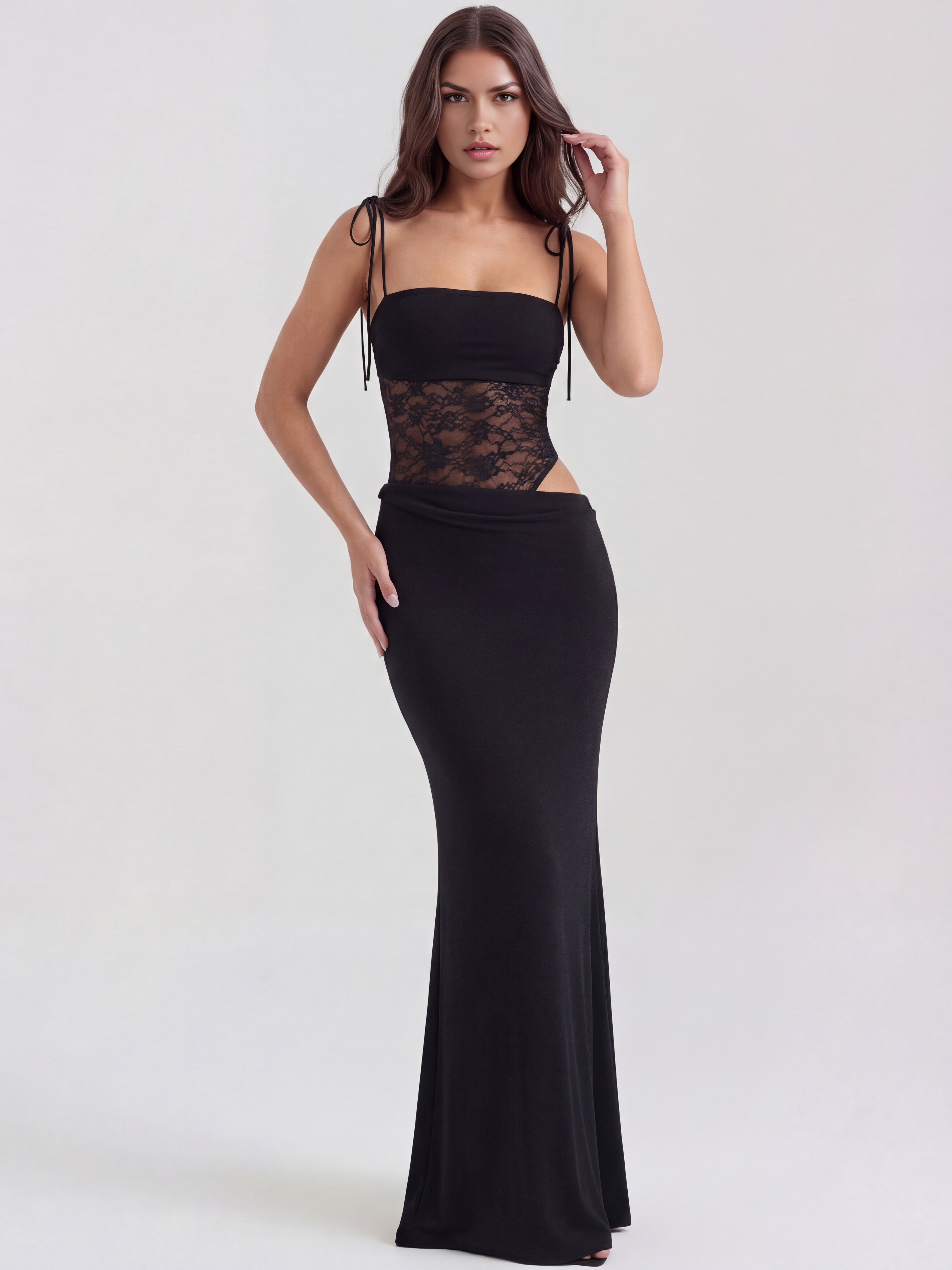Abito maxi Valeria nero pizzo Bella di Roma – vista frontale