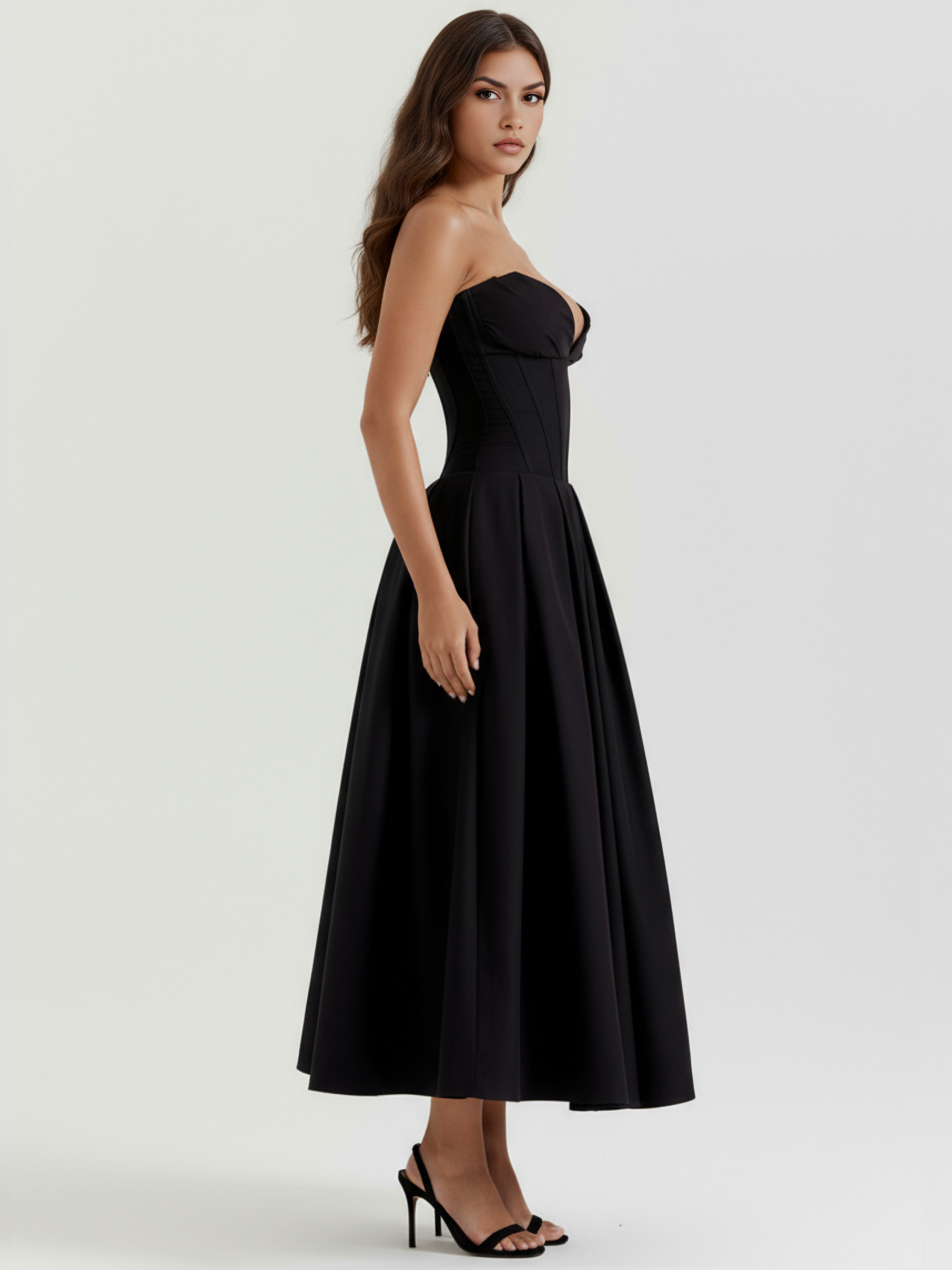 Abito midi Amalfi nero corsetto Bella di Roma – vista laterale lunghezza 121 cm