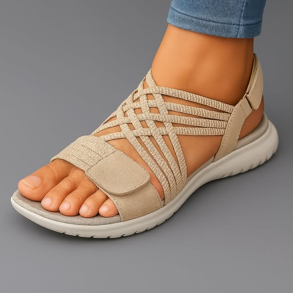 Sandali comfort da donna in tonalità neutra con intreccio elastico e suola flessibile