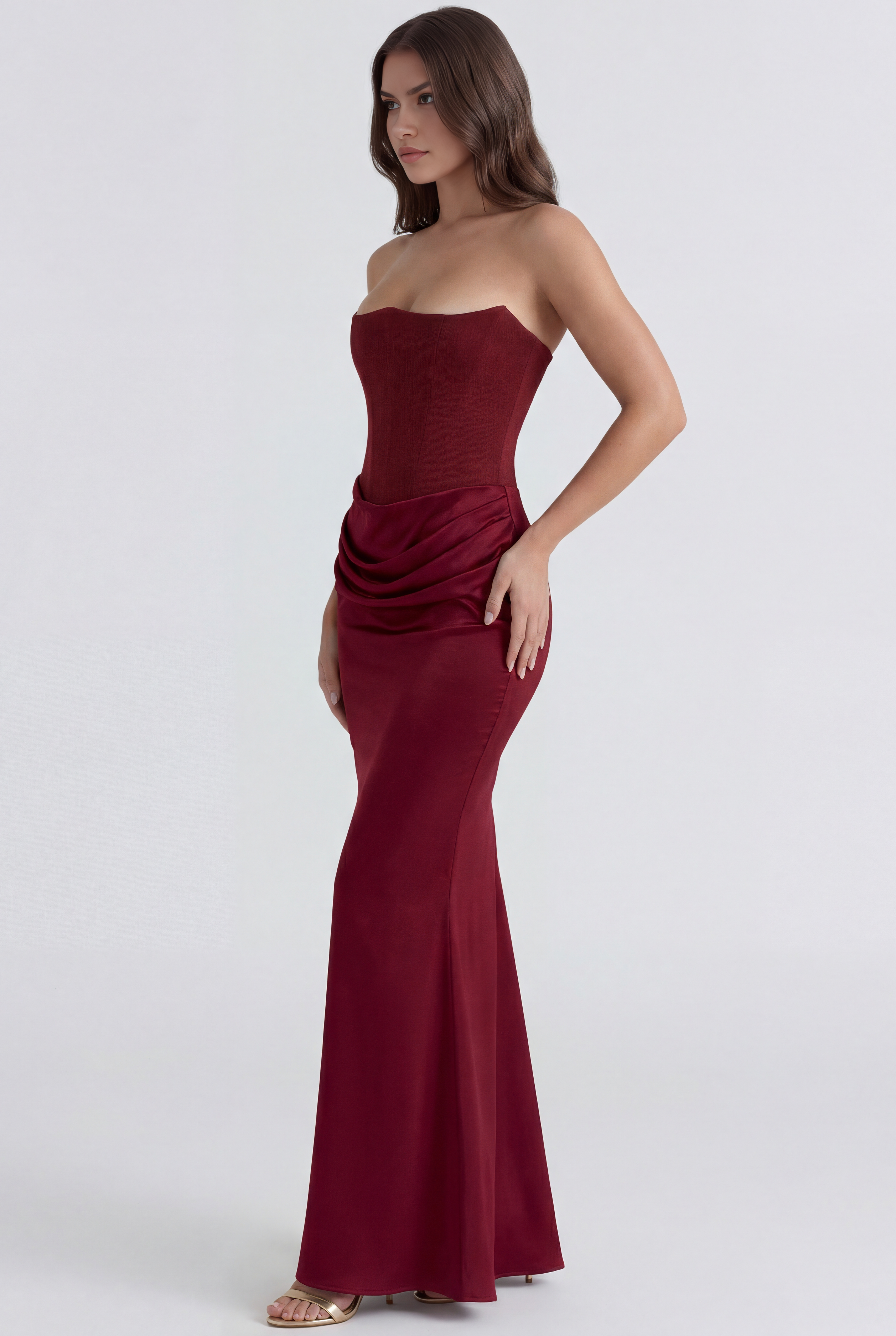 Abito maxi Rosalind corsetto borgogna Bella di Roma – dettaglio vita