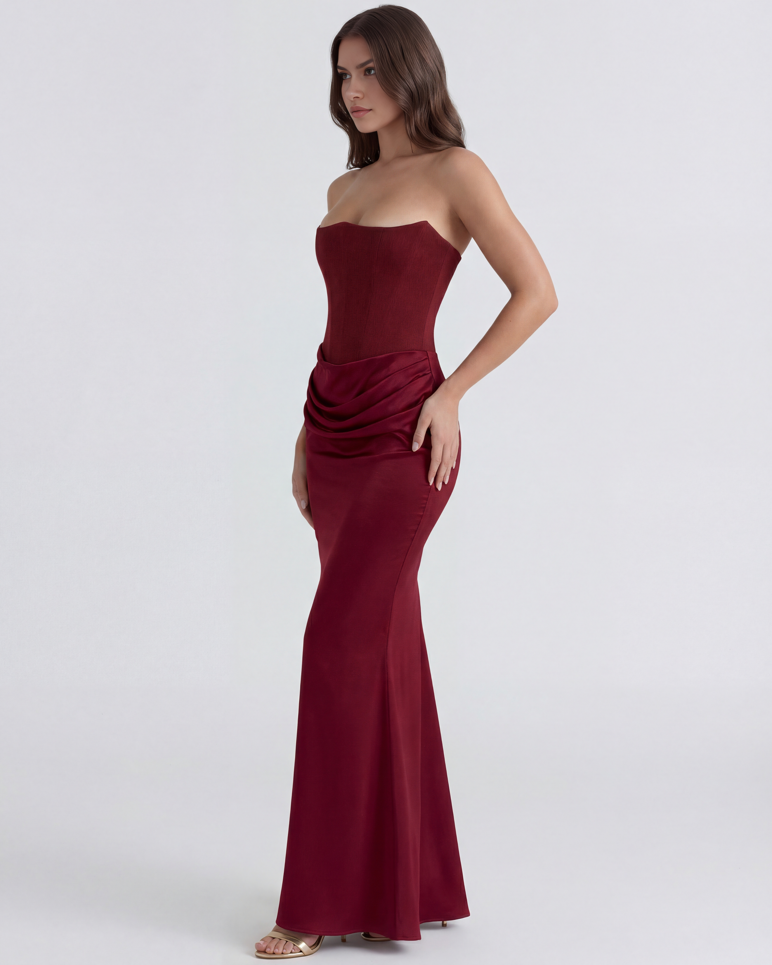 Abito maxi Rosalind corsetto borgogna Bella di Roma – dettaglio vita