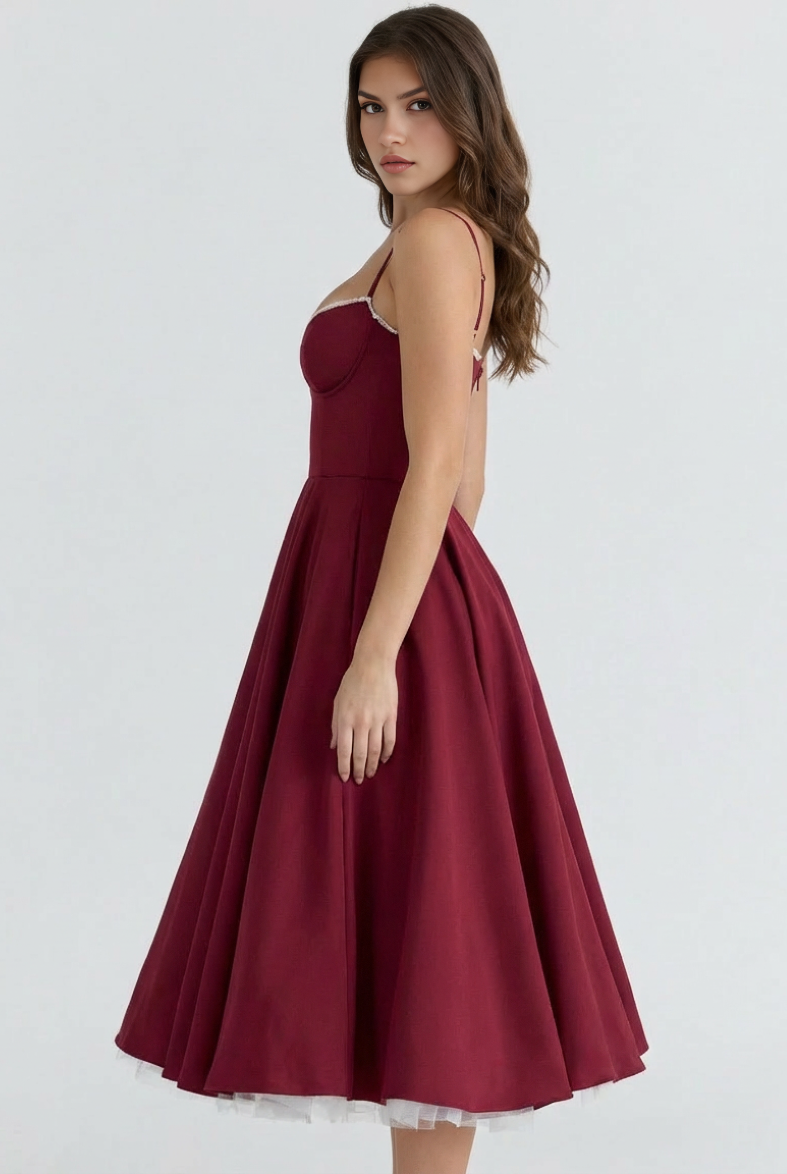 Abito midi Selene bordeaux Bella di Roma – look matrimonio romantico