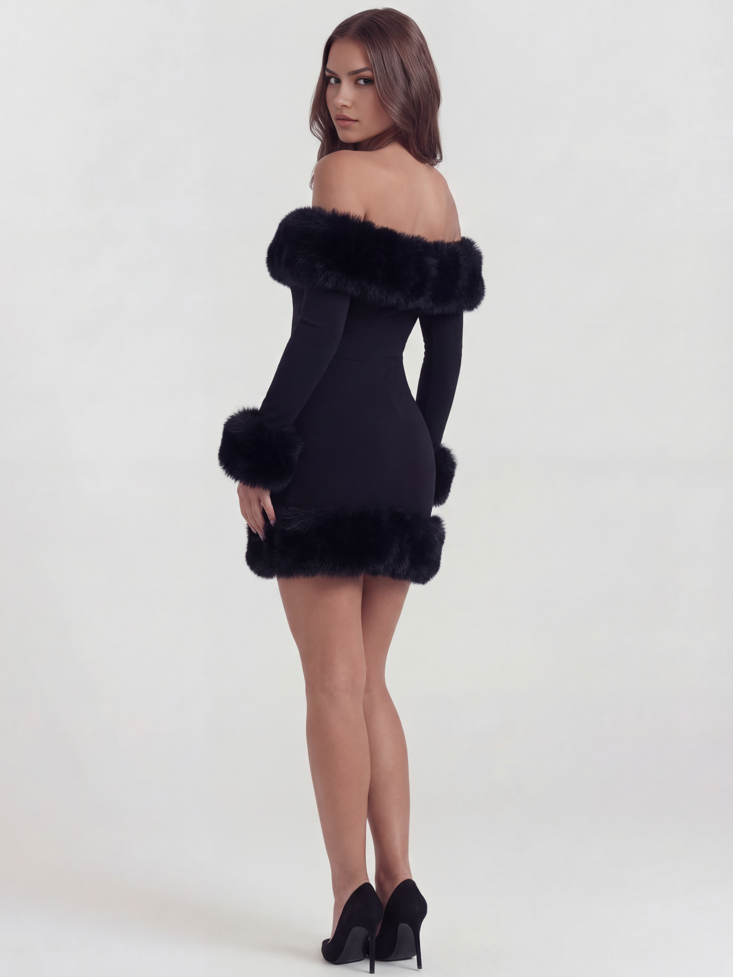 Abito mini Bella nero off-shoulder pelliccia Bella di Roma – pelliccia sintetica nera