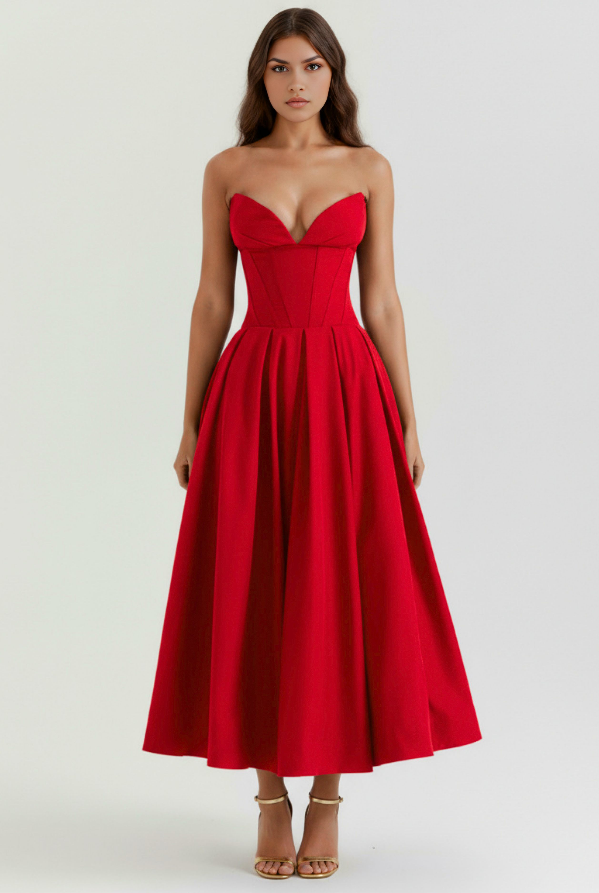 Abito maxi Amalfi corpetto rosso Bella di Roma – silhouette femminile