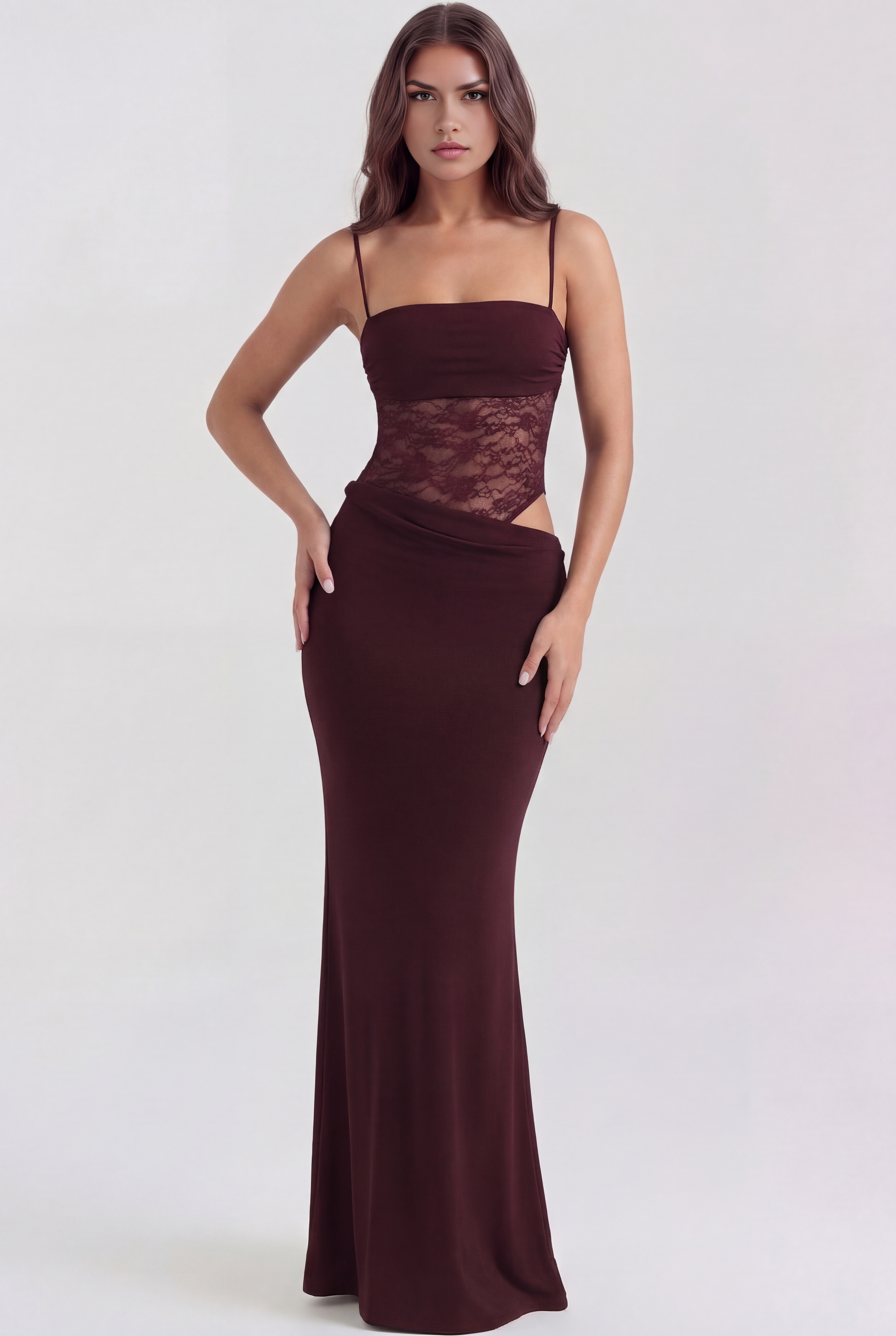 Abito maxi Valeria pizzo bordeaux Bella di Roma – vista frontale