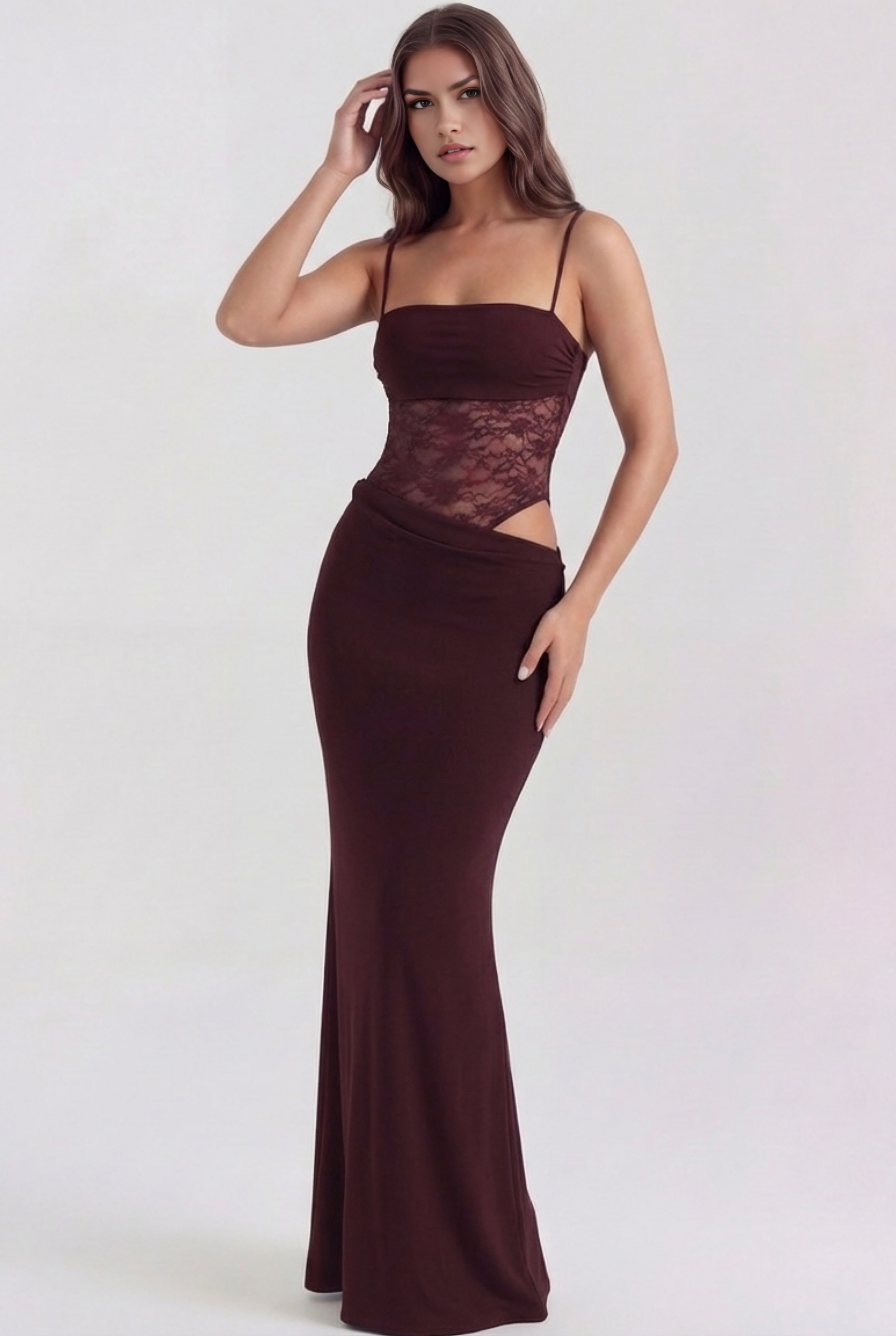 Abito maxi Valeria pizzo bordeaux Bella di Roma – silhouette scolpita