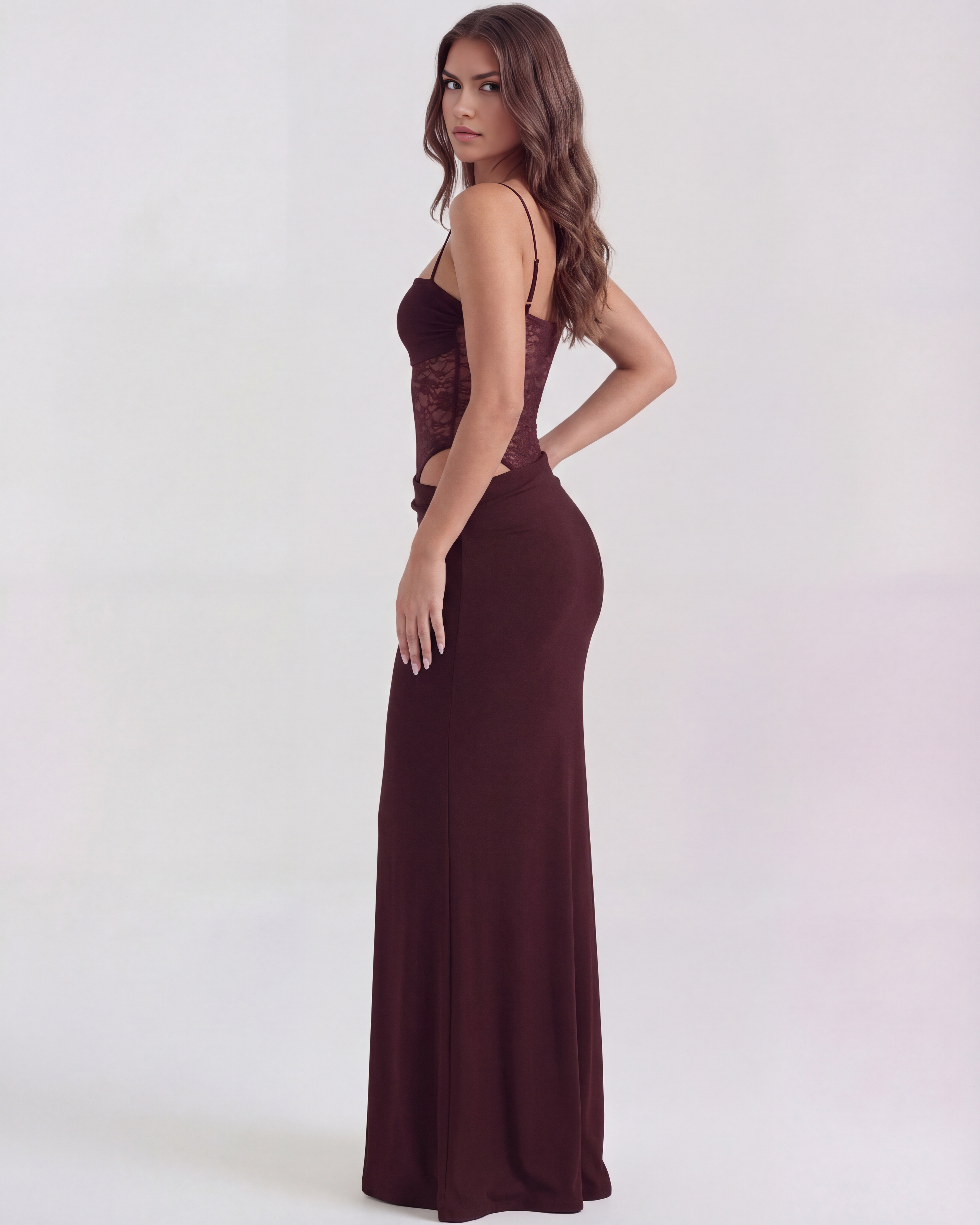 Abito maxi Valeria bordeaux pizzo Bella di Roma – spalline annodabili