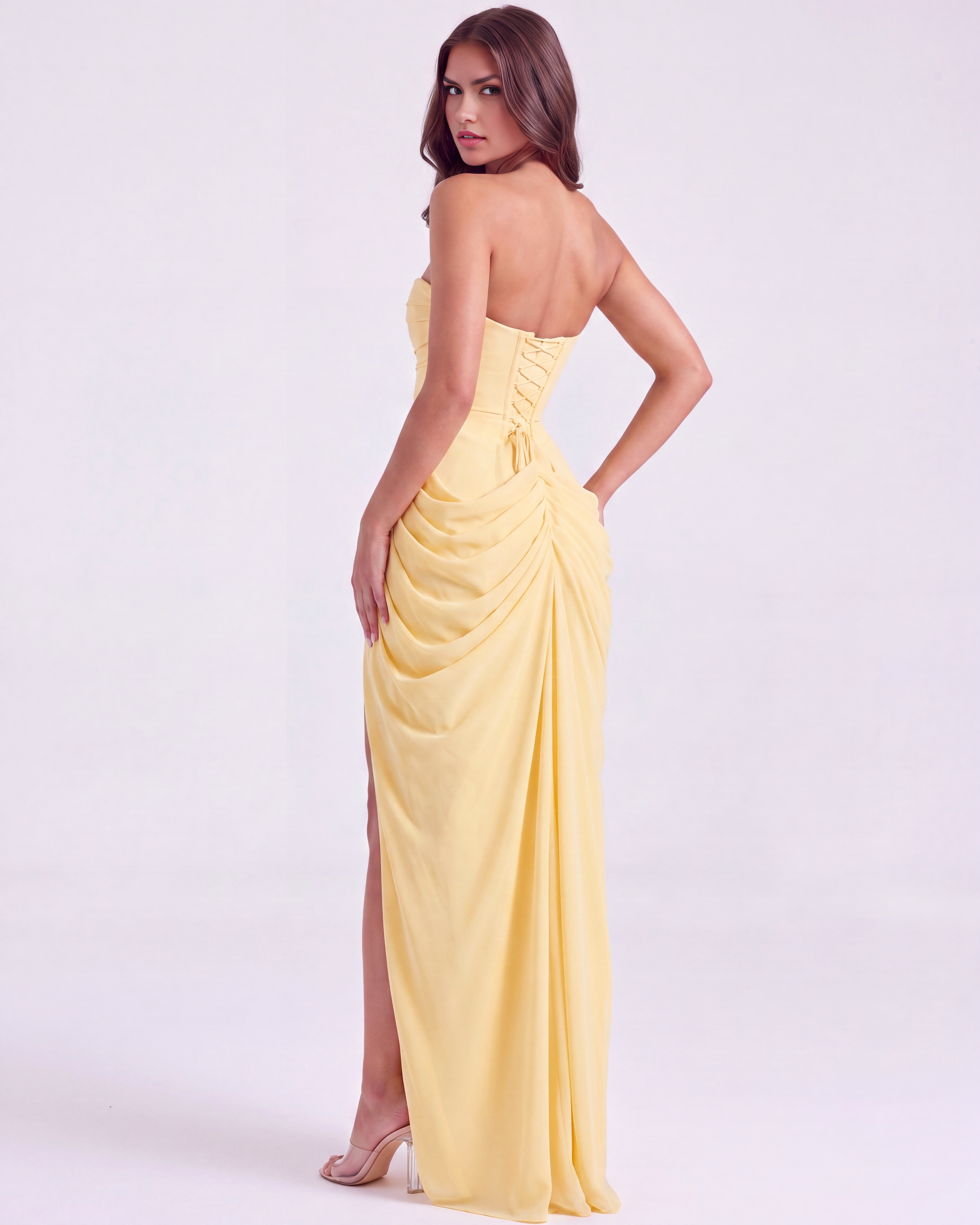 Abito maxi Charlotte corsetto chiffon giallo Bella di Roma – corsetto senza spalline