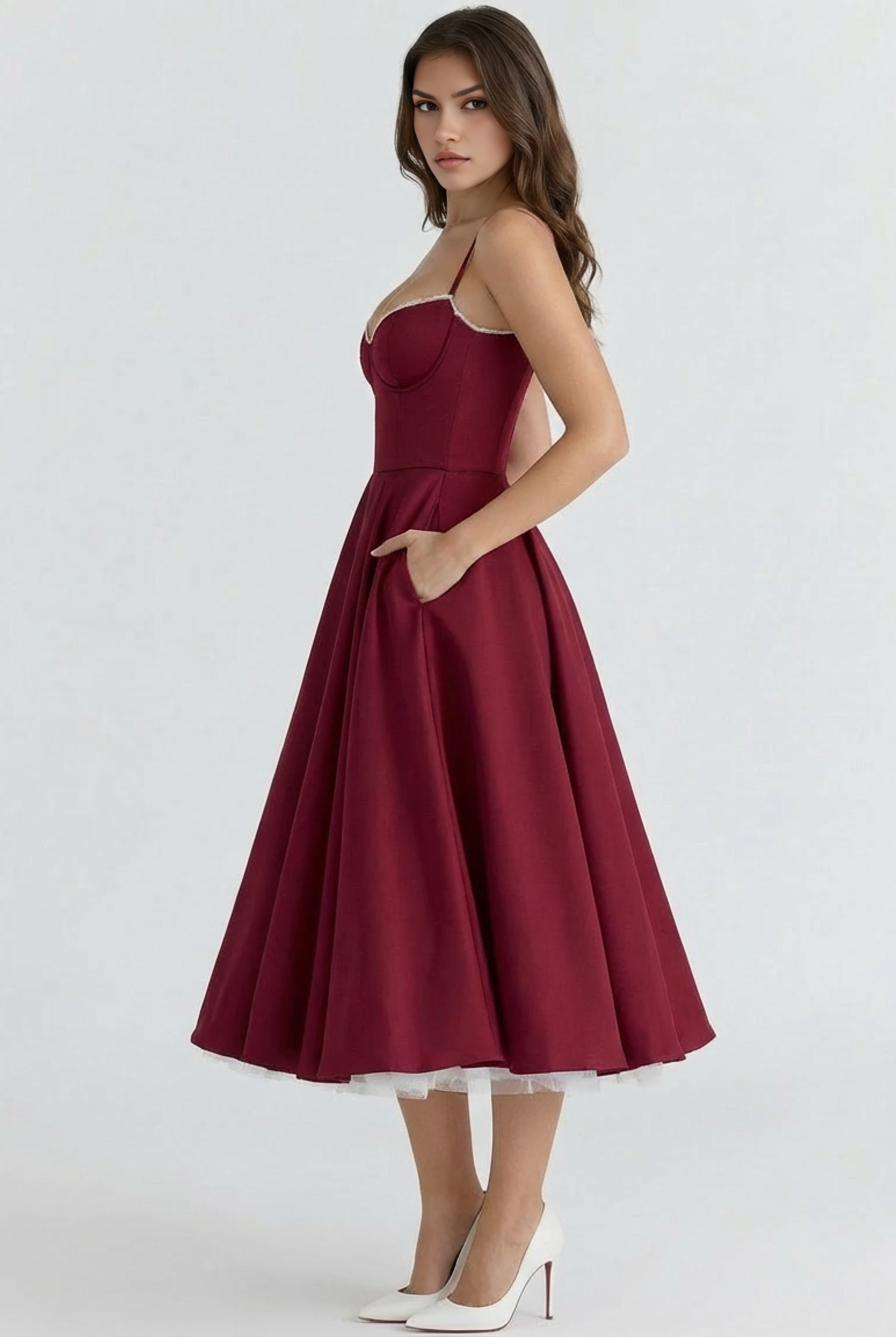 Abito midi Selene bordeaux Bella di Roma – vista laterale tulle