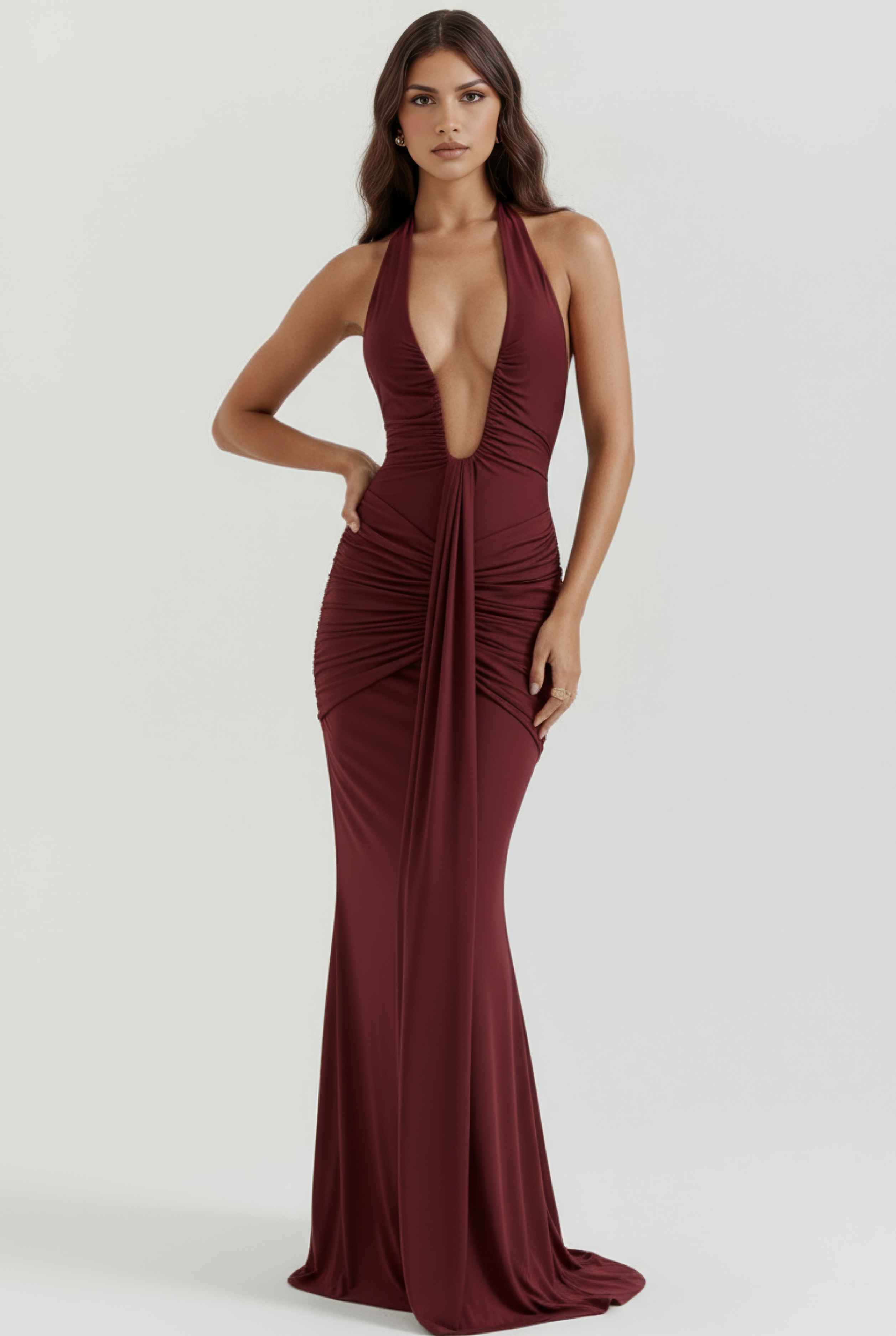 Abito maxi Ariel bordeaux Bella di Roma – pannello drappeggiato
