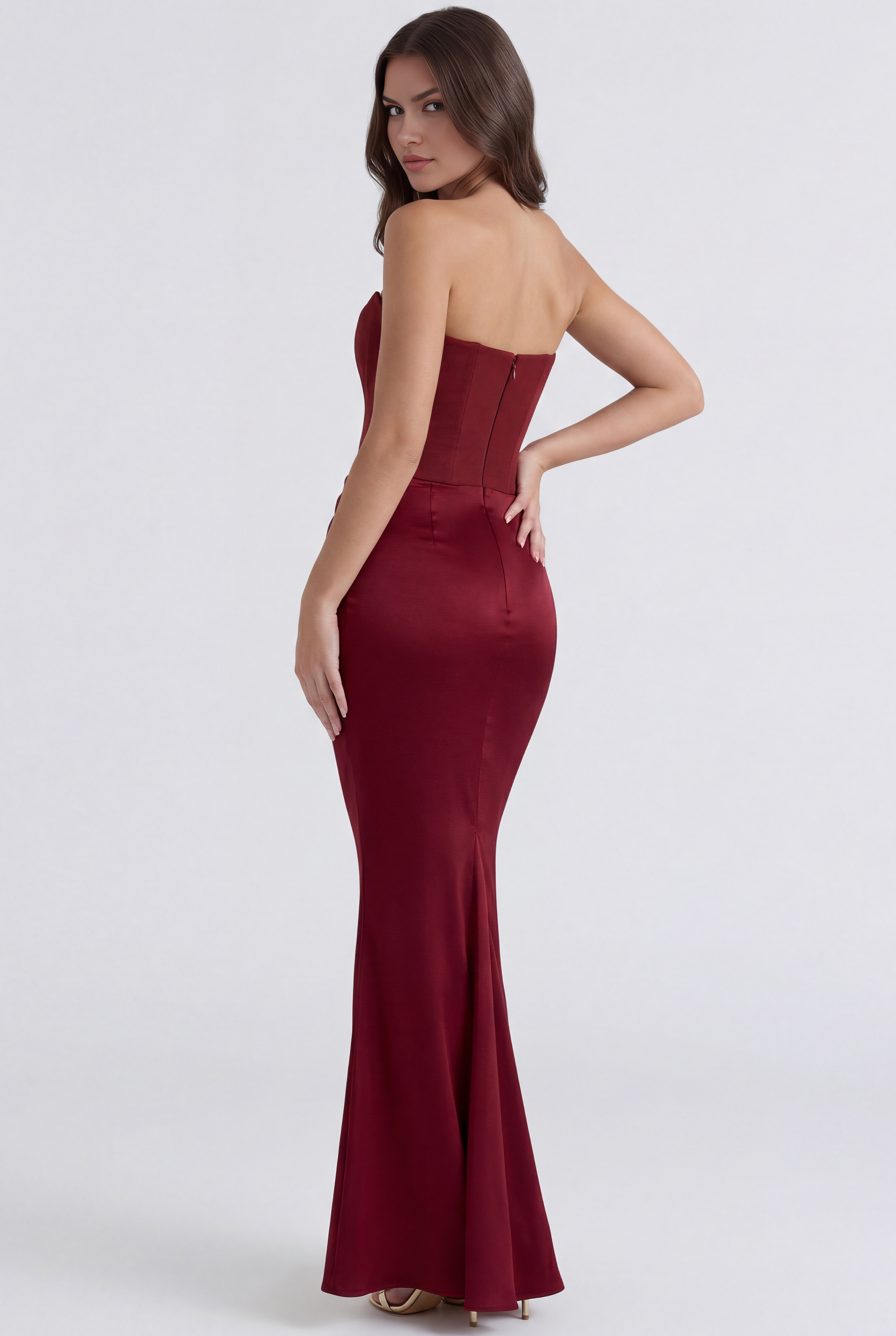 Abito maxi Rosalind corsetto borgogna Bella di Roma – zip retro