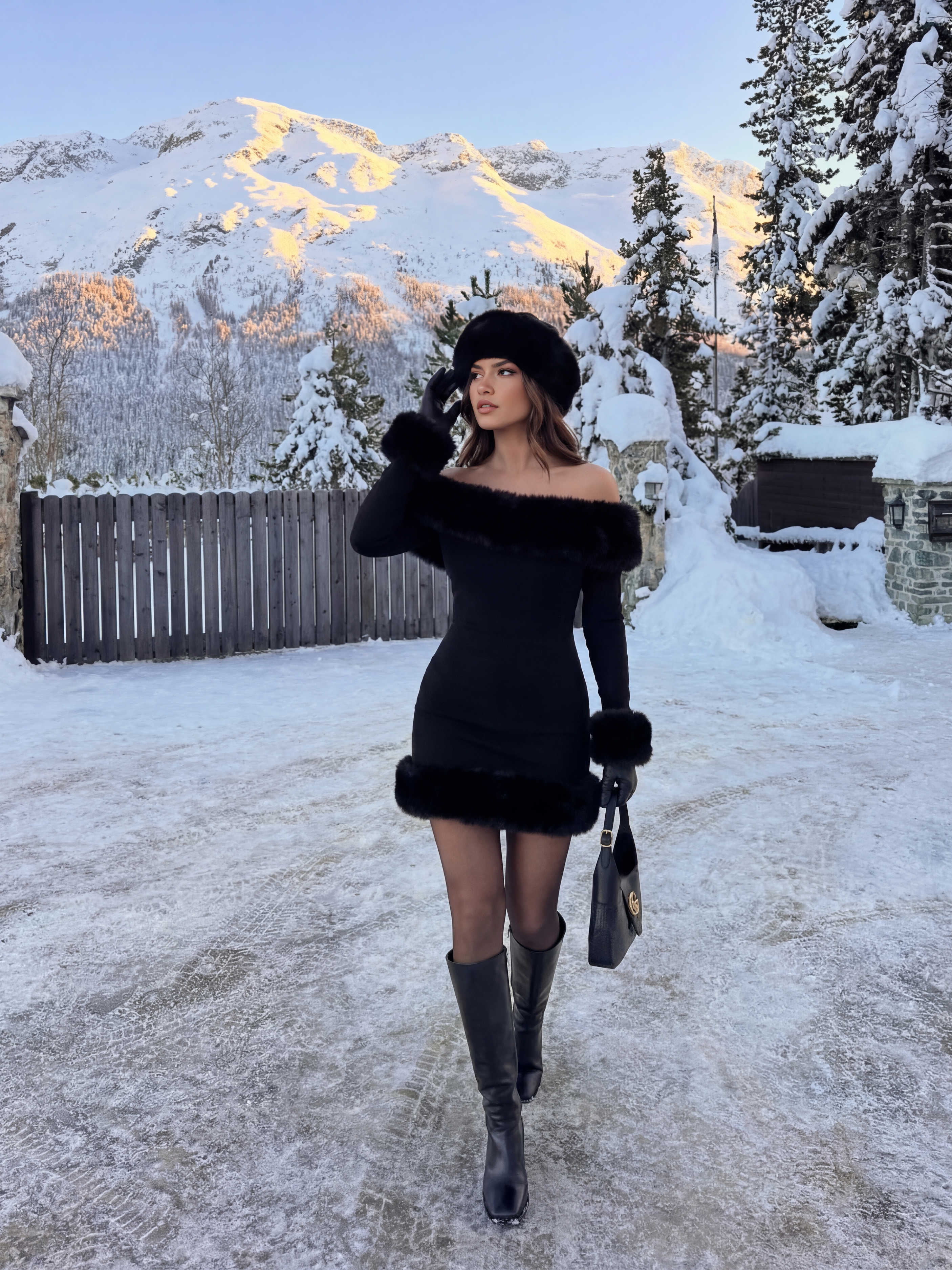 Abito mini Bella nero off-shoulder pelliccia Bella di Roma – scollo off-shoulder