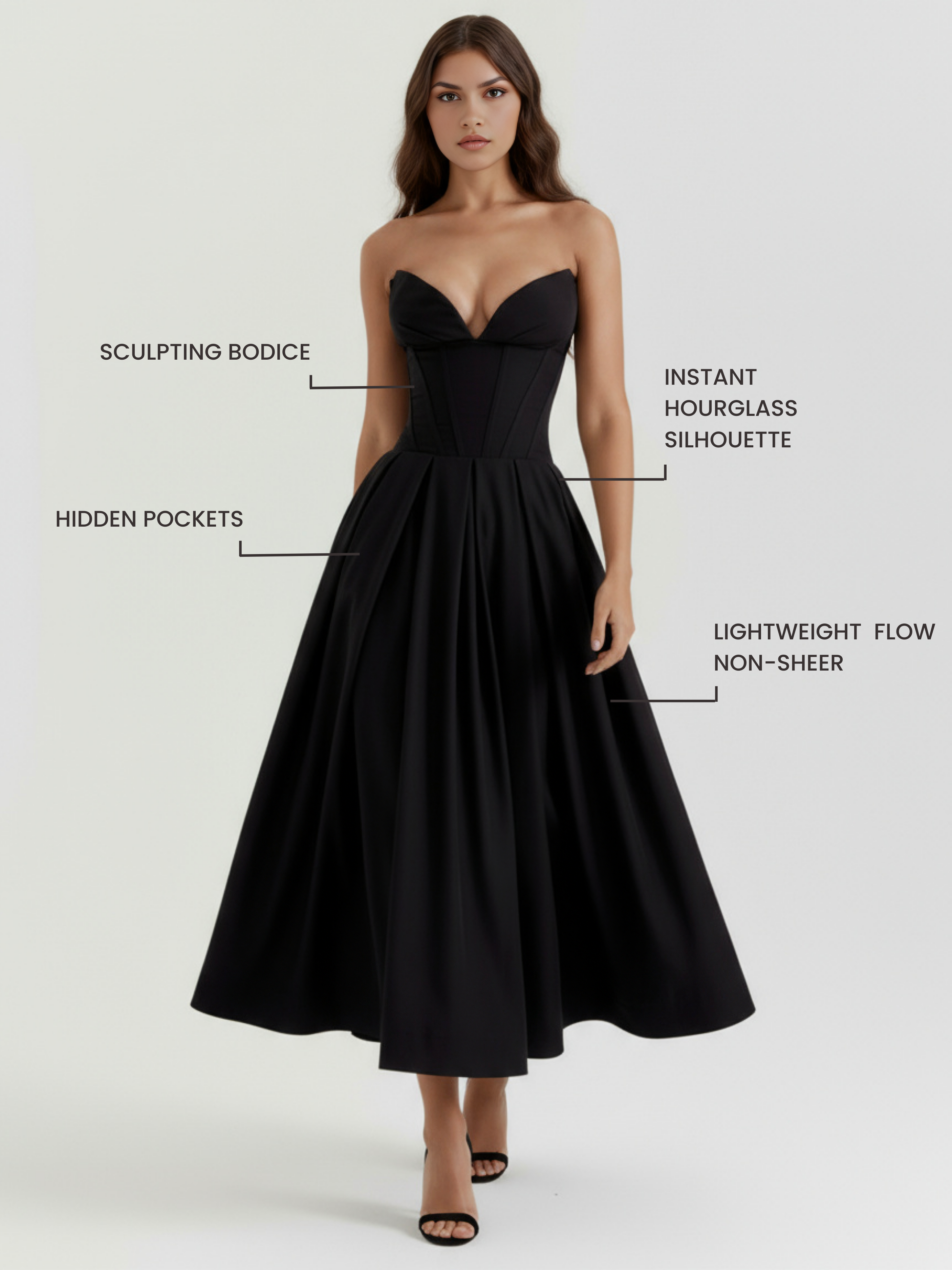 Abito midi Amalfi nero corsetto Bella di Roma – corsetto architettonico