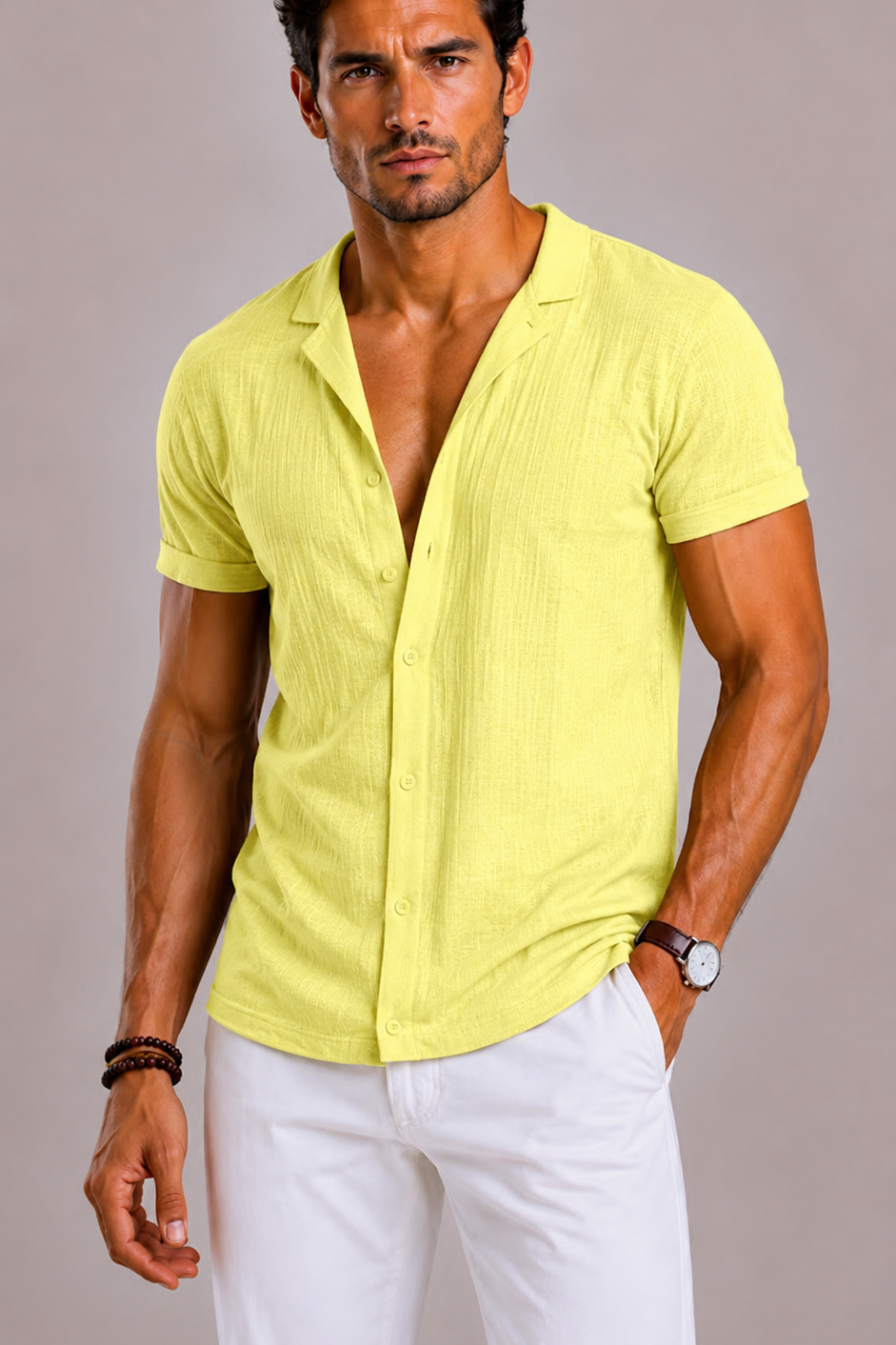 Camicia Uomo in Lino a Coste con Chiusura a Bottoni | Bella di Roma