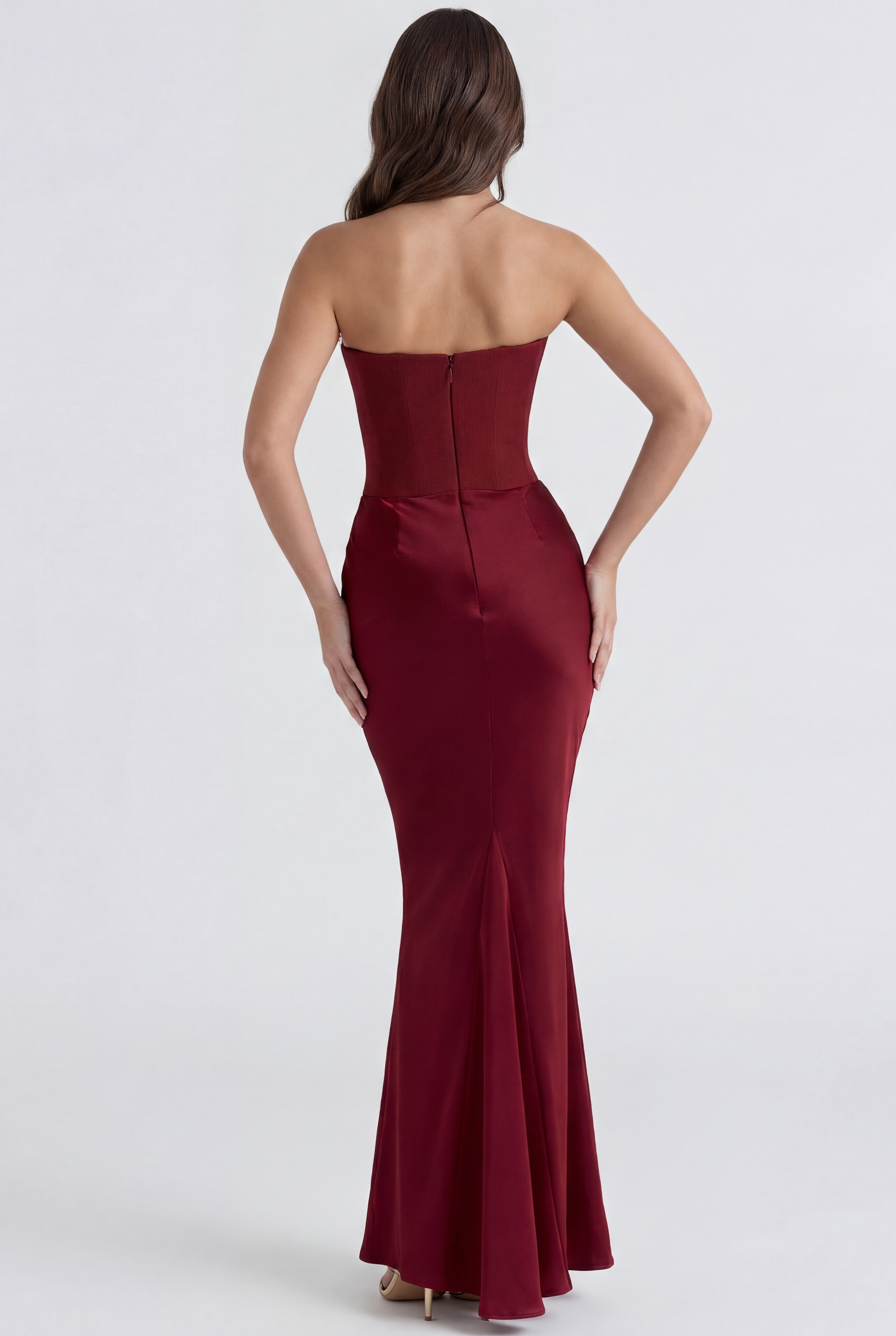 Abito maxi Rosalind corsetto borgogna Bella di Roma – crepe elasticizzato