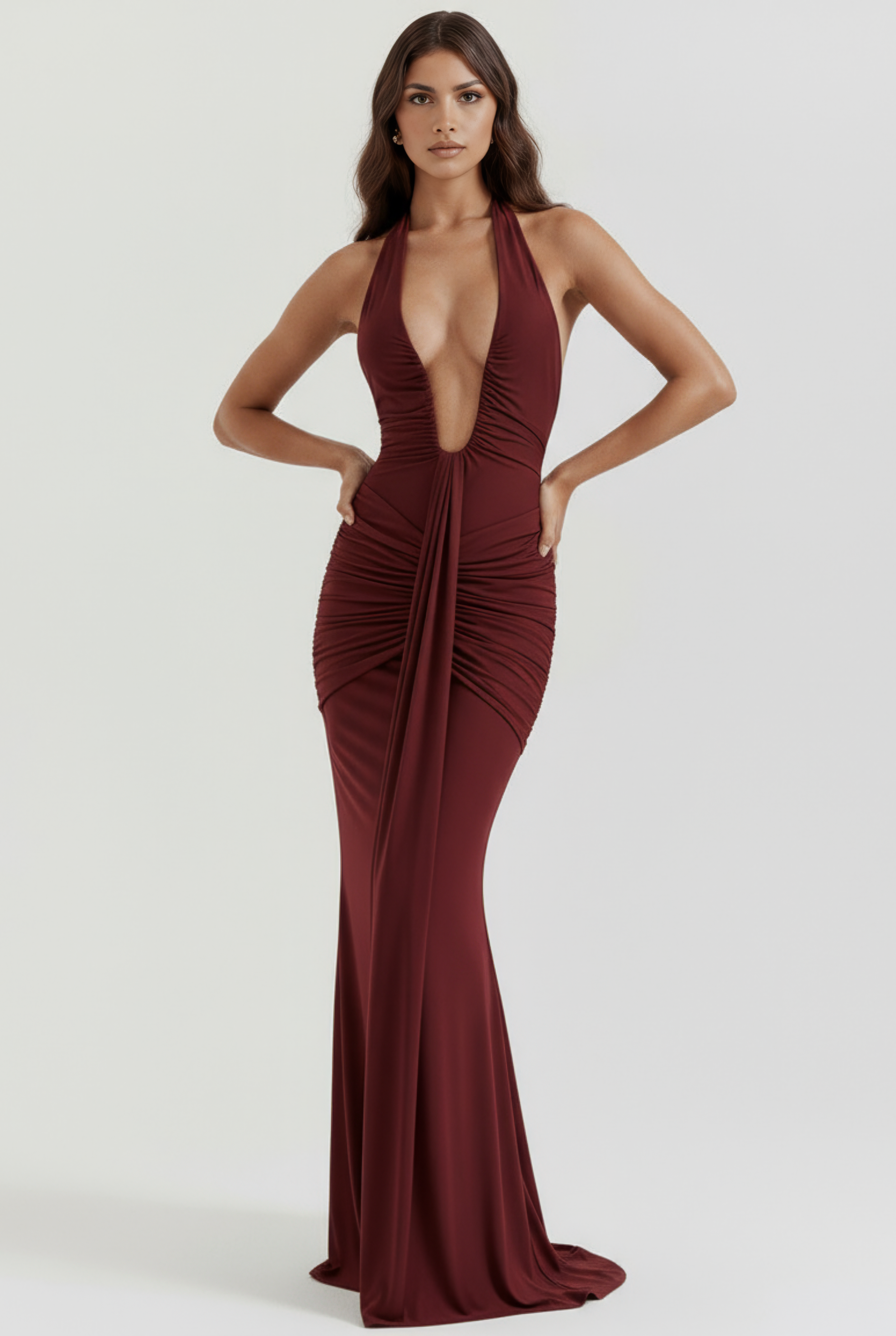 Abito maxi Ariel bordeaux Bella di Roma – vista laterale