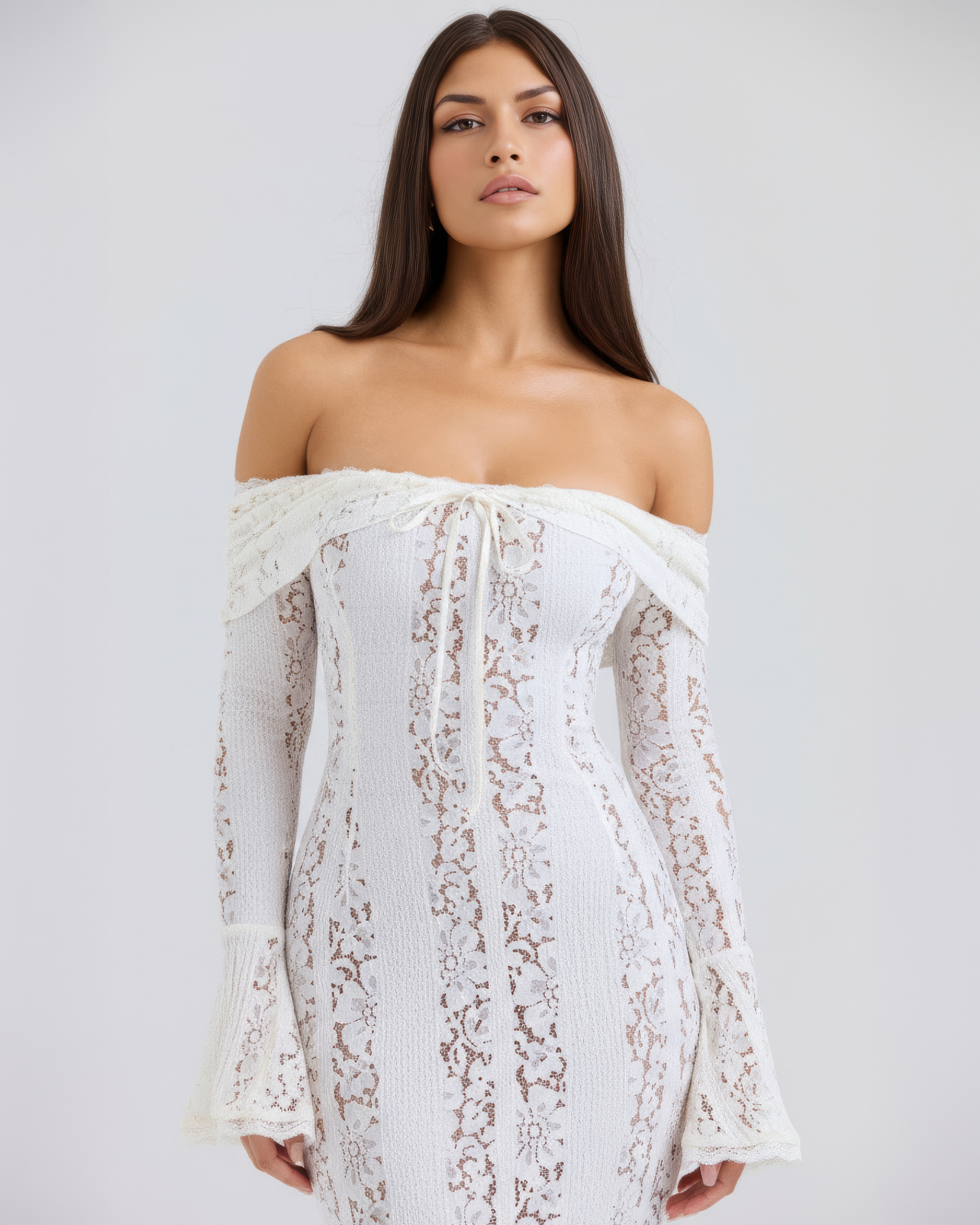 Abito maxi Alessandra bianco pizzo off-shoulder Bella di Roma – silhouette sposa moderna