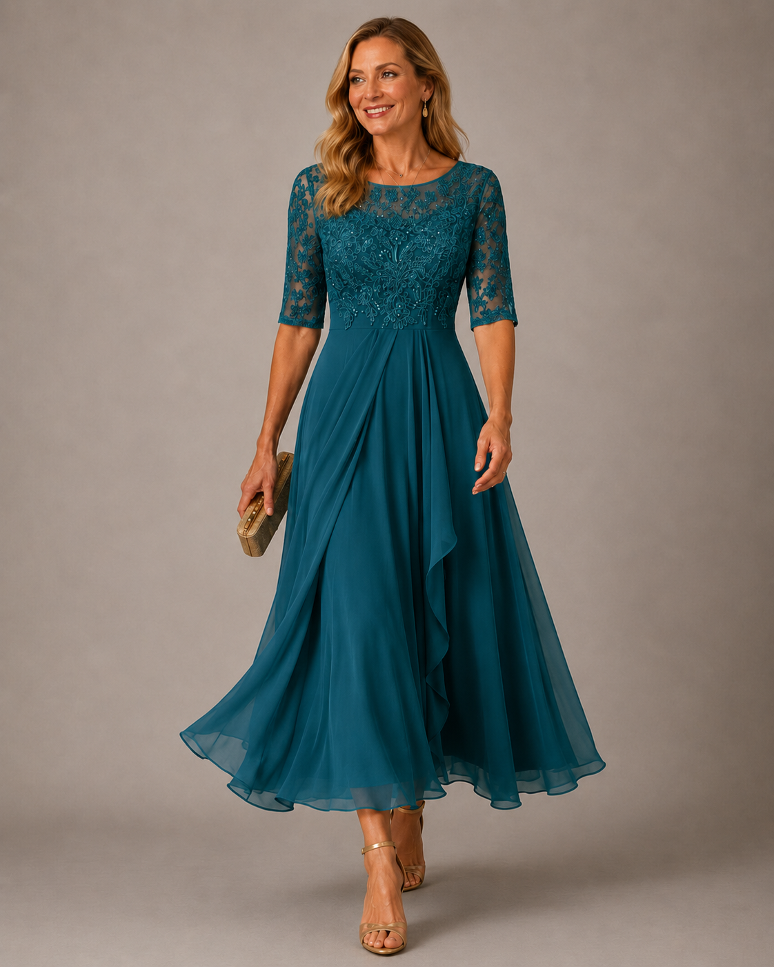Abito midi verde petrolio in pizzo e chiffon con maniche a tre quarti