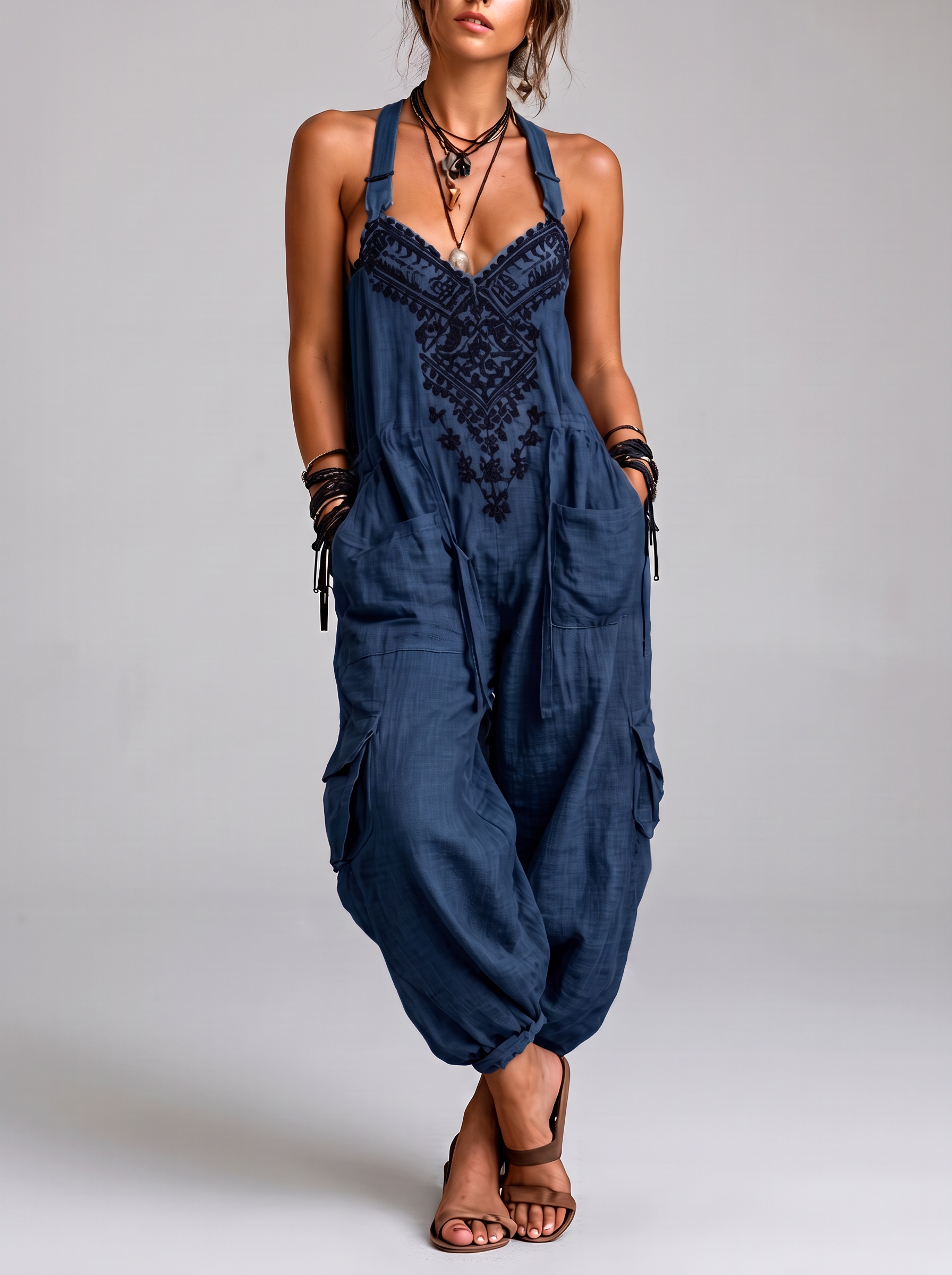 Salopette Boho Ricamata Blu Notte – vista frontale | Bella di Roma