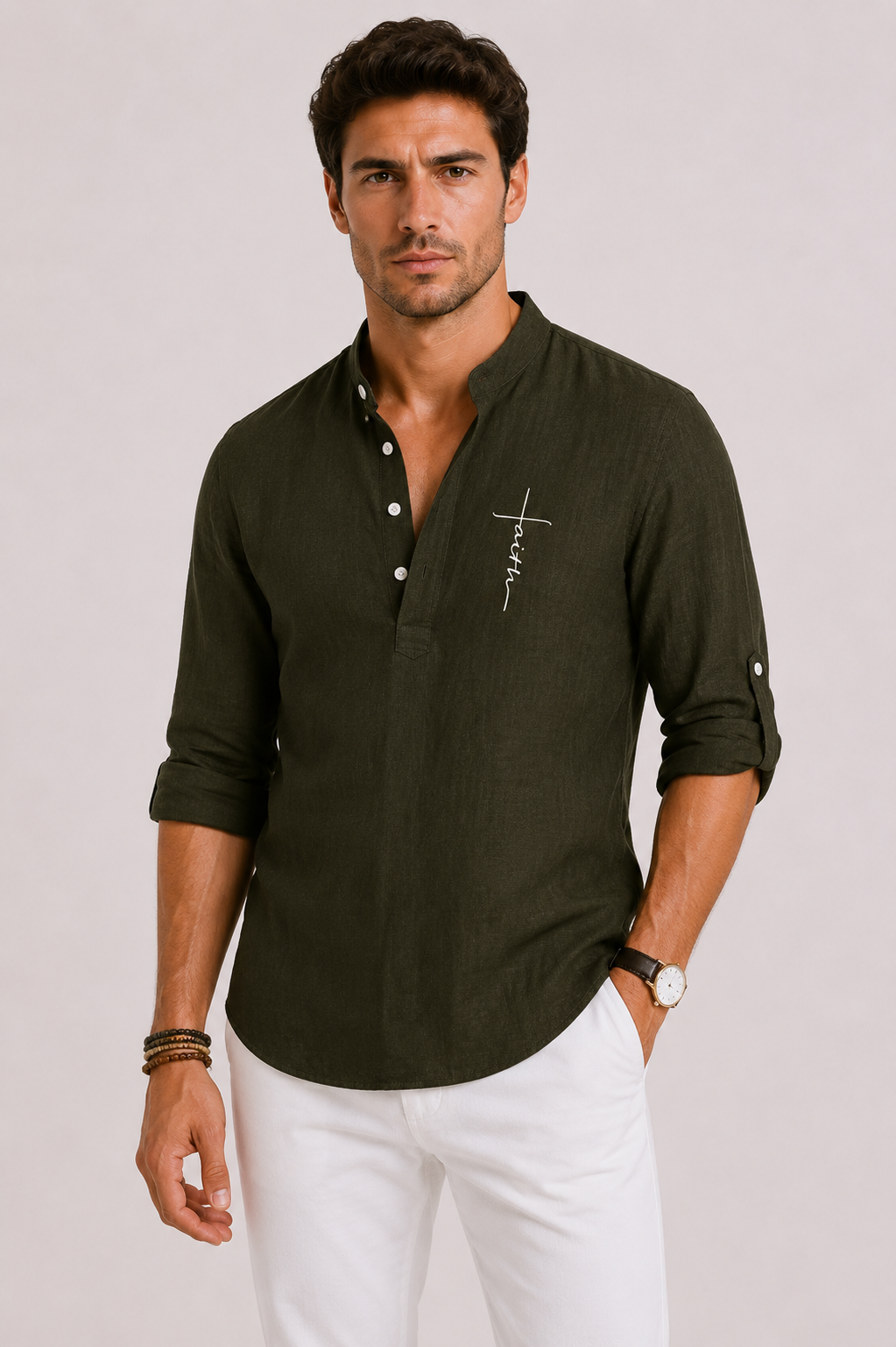 Camicia Uomo in Lino con Collo Henley | Bella di Roma