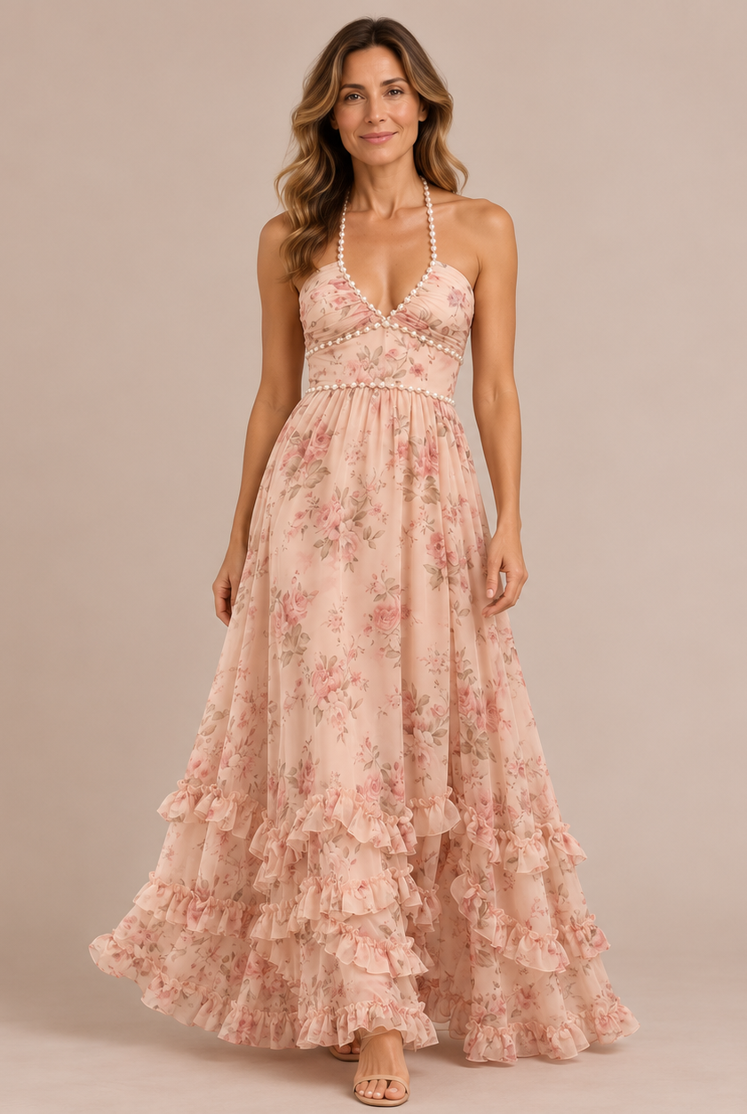 Elena – Vestito Maxi Floreale con Spallina e Perle – Rosa Cipria – Vista frontale | Bella di Roma
