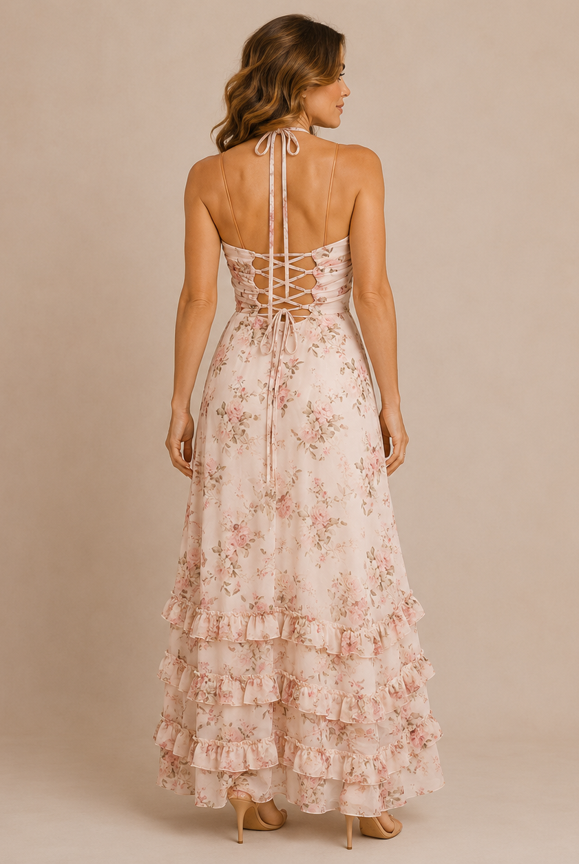 Elena – Vestito Maxi Floreale con Spallina e Perle – Rosa Cipria – Vista posteriore | Bella di Roma