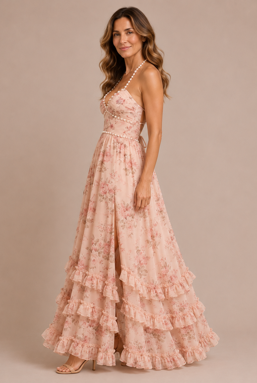 Elena – Vestito Maxi Floreale con Spallina e Perle – Rosa Cipria – Vista laterale | Bella di Roma